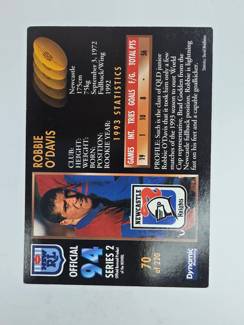 1994 Dynamic Series 2 Base Card #70 Robbie O'Davis Newcastle Knights