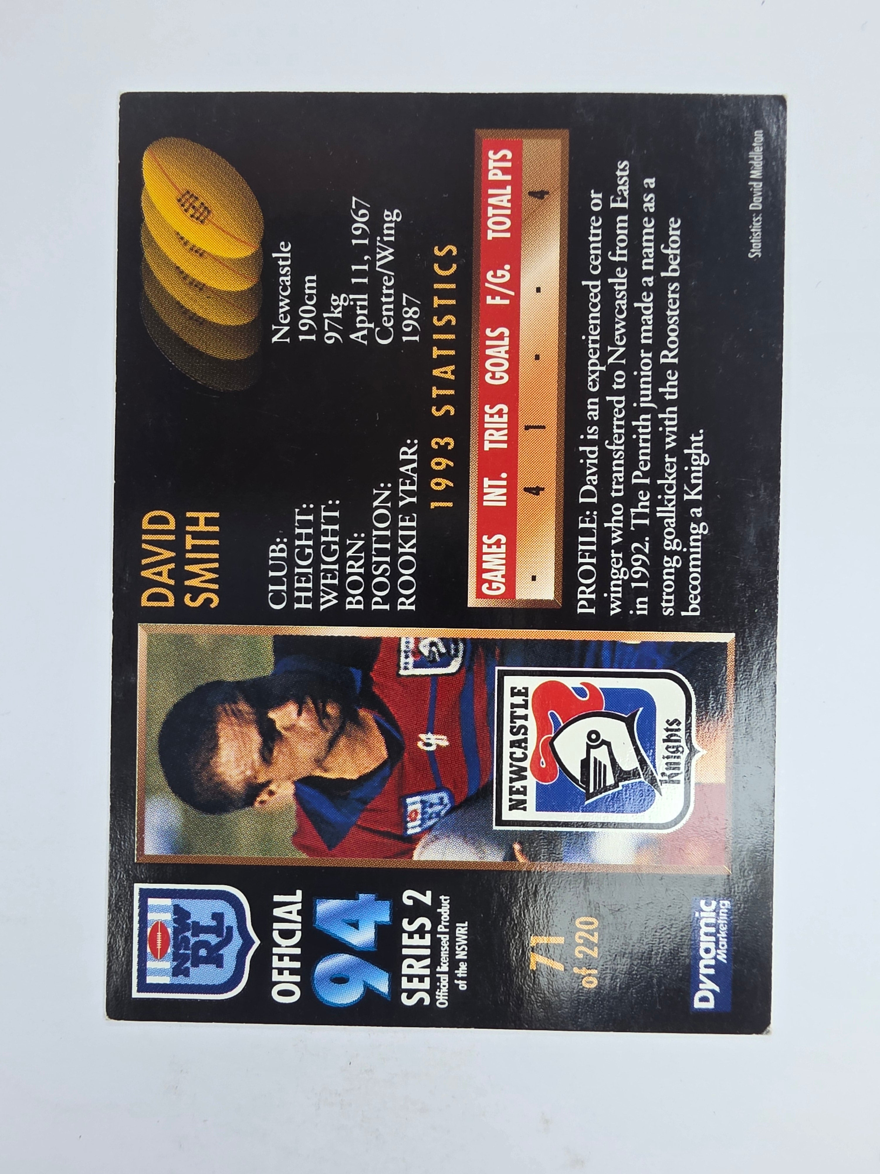 1994 Dynamic Series 2 Base Card #71 David Smith Newcastle Knights