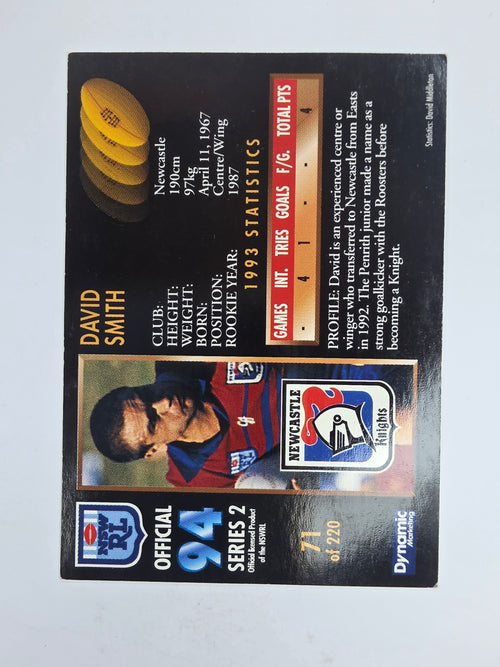 1994 Dynamic Series 2 Base Card #71 David Smith Newcastle Knights