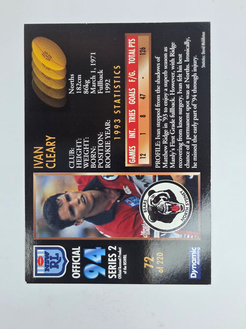 1994 Dynamic Series 2 Base Card #72 Ivan Cleary North Sydney Bears