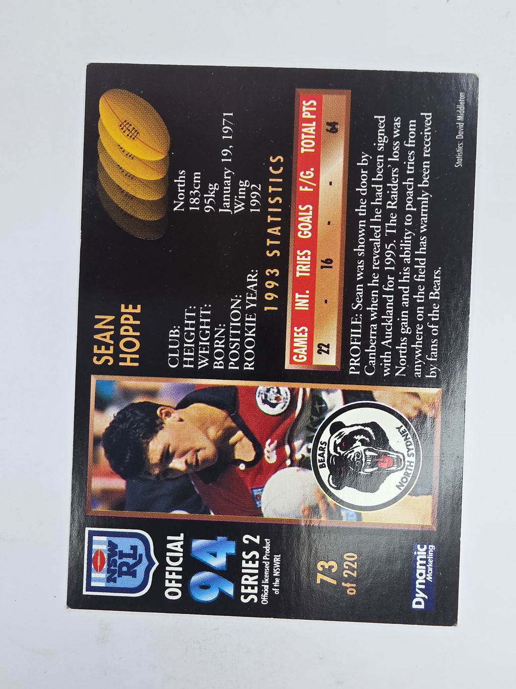 1994 Dynamic Series 2 Base Card #73 Sean Hoppe North Sydney Bears