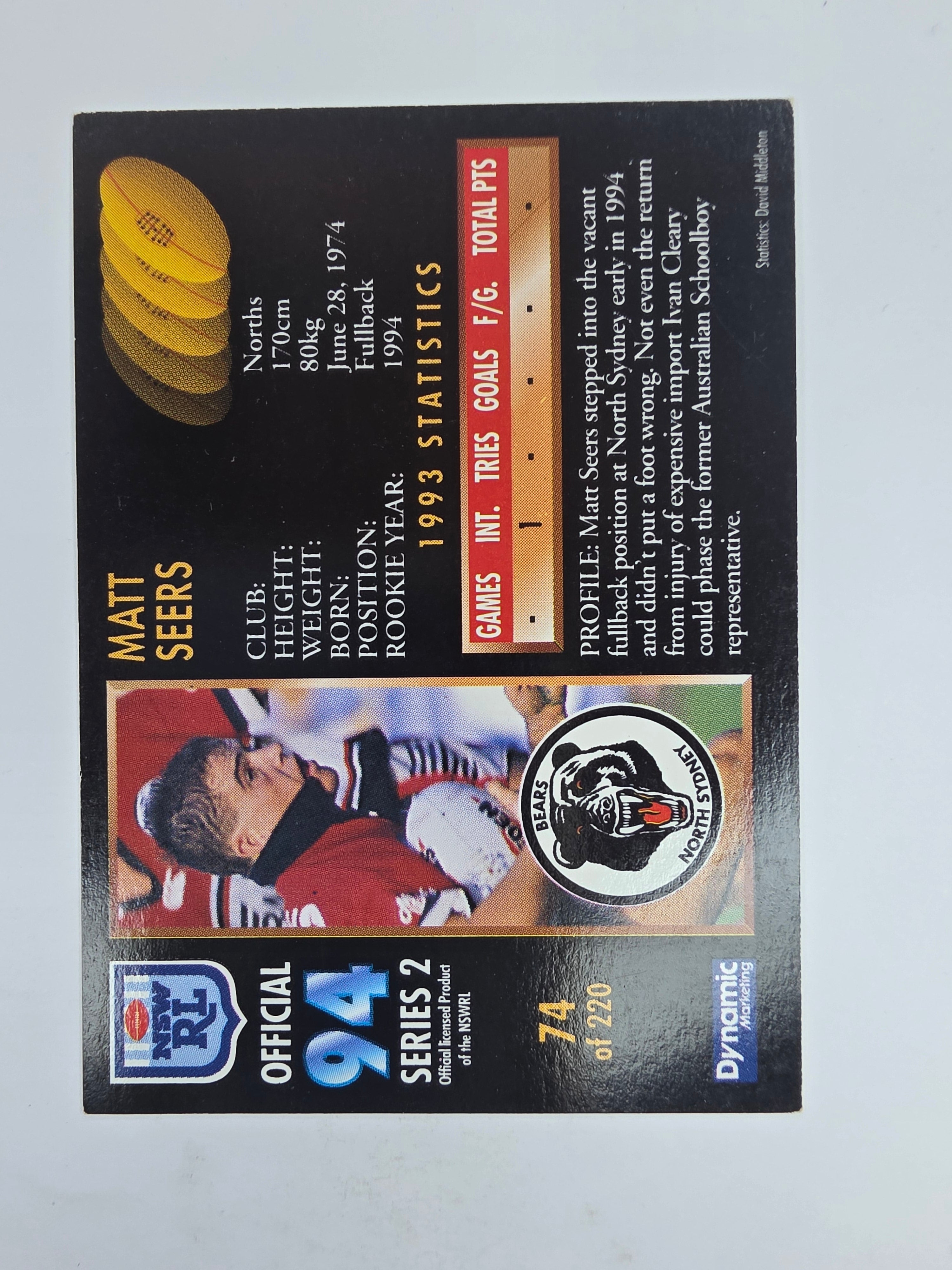1994 Dynamic Series 2 Base Card #74 Matt Seers North Sydney Bears