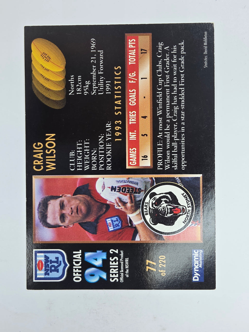 1994 Dynamic Series 2 Base Card #77 Craig Wilson North Sydney Bears