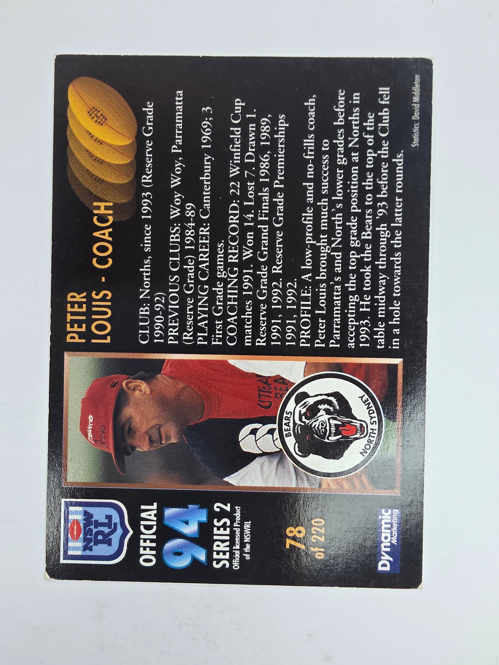 1994 Dynamic Series 2 Base Card #78 Peter Louis North Sydney Bears