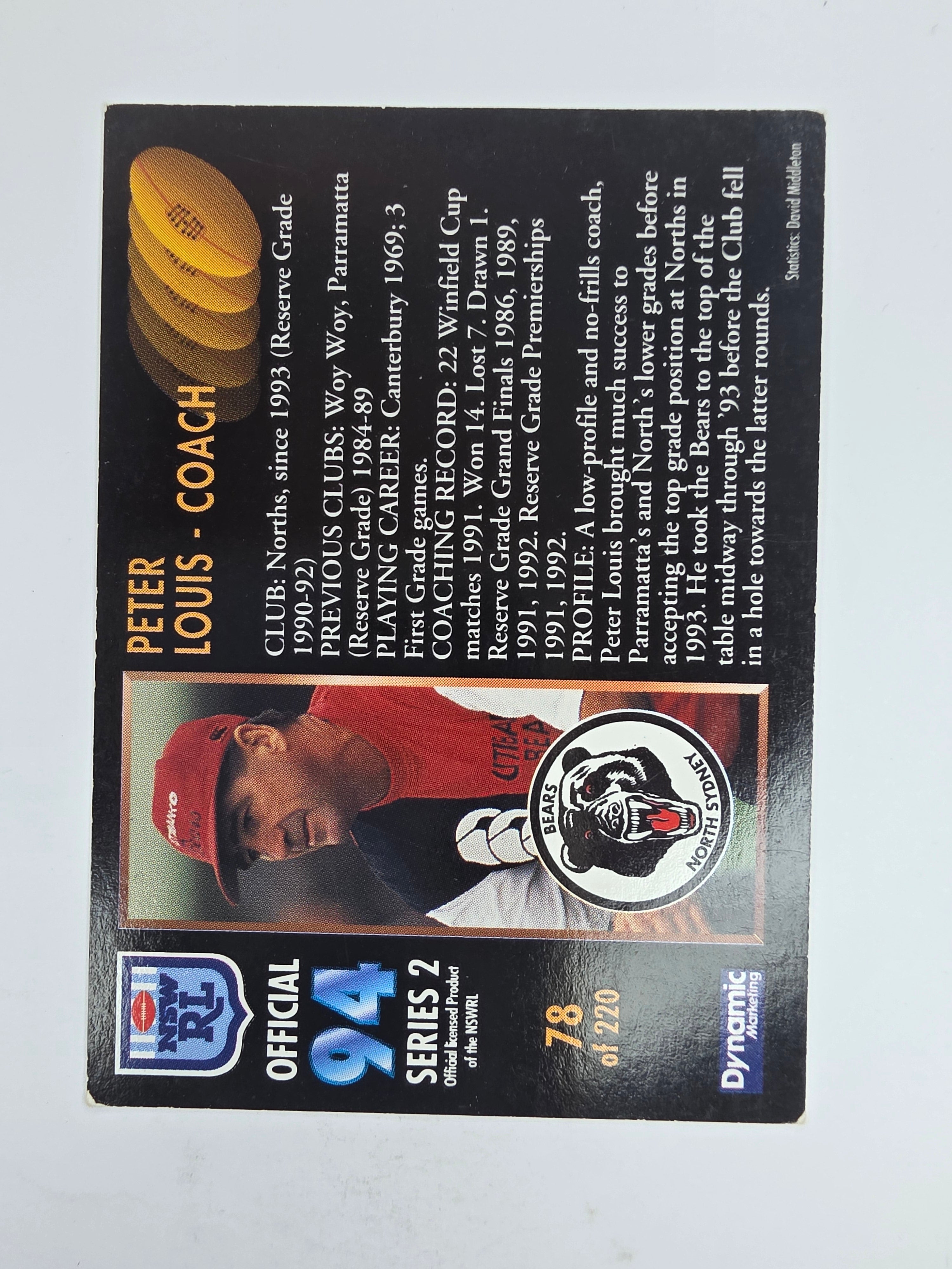 1994 Dynamic Series 2 Base Card #78 Peter Louis North Sydney Bears