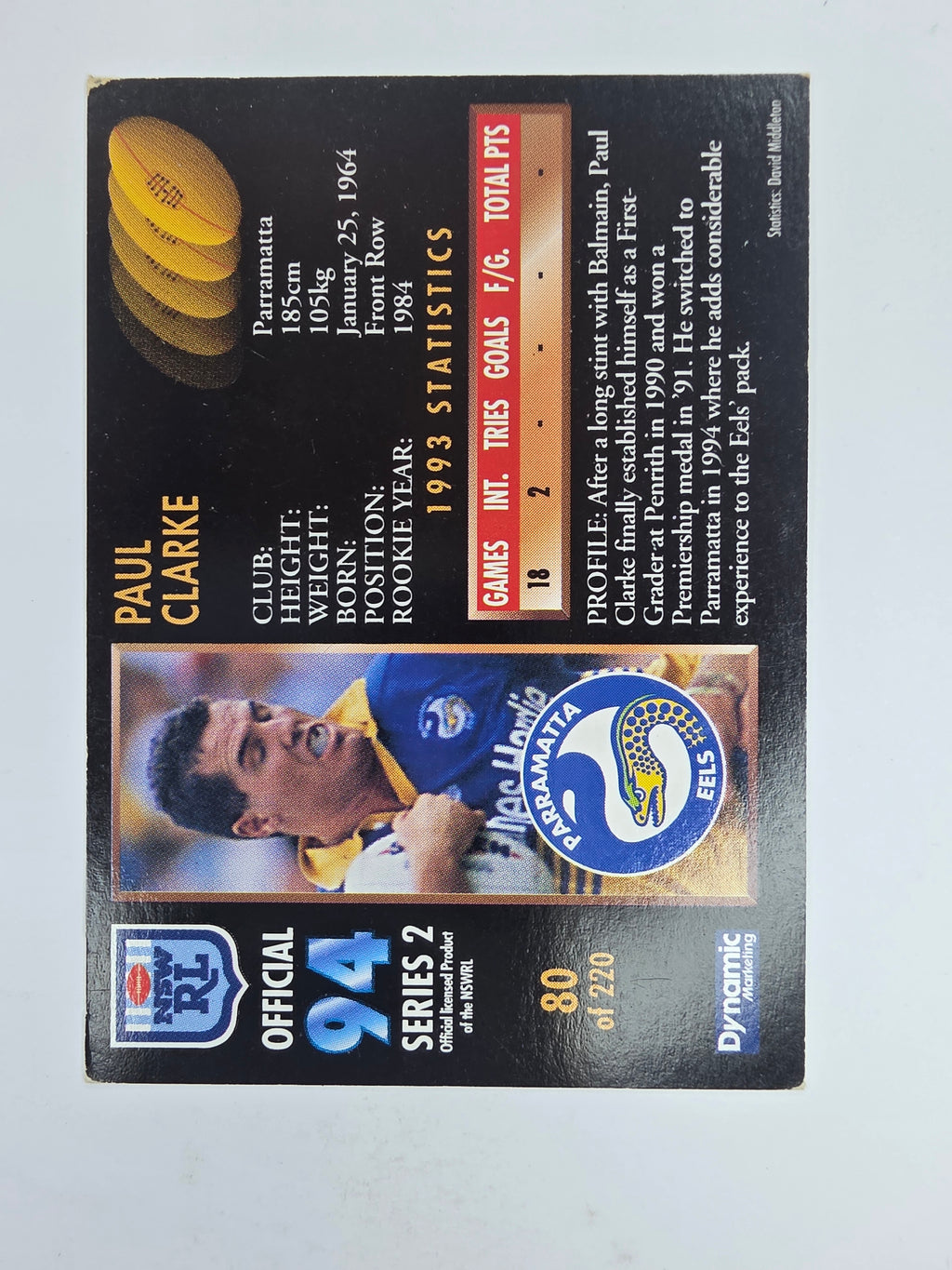 1994 Dynamic Series 2 Base Card #80 Paul Clarke Parramatta Eels