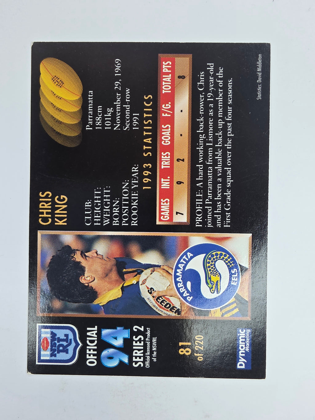 1994 Dynamic Series 2 Base Card #81 Chris King Parramatta Eels