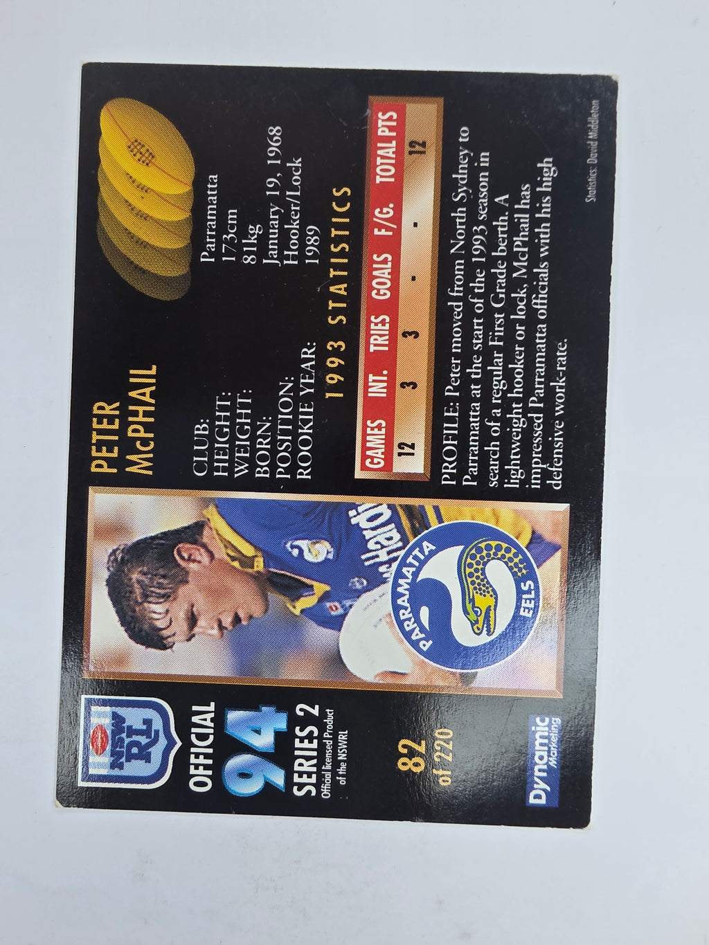 1994 Dynamic Series 2 Base Card #82 Peter McPhail Parramatta Eels