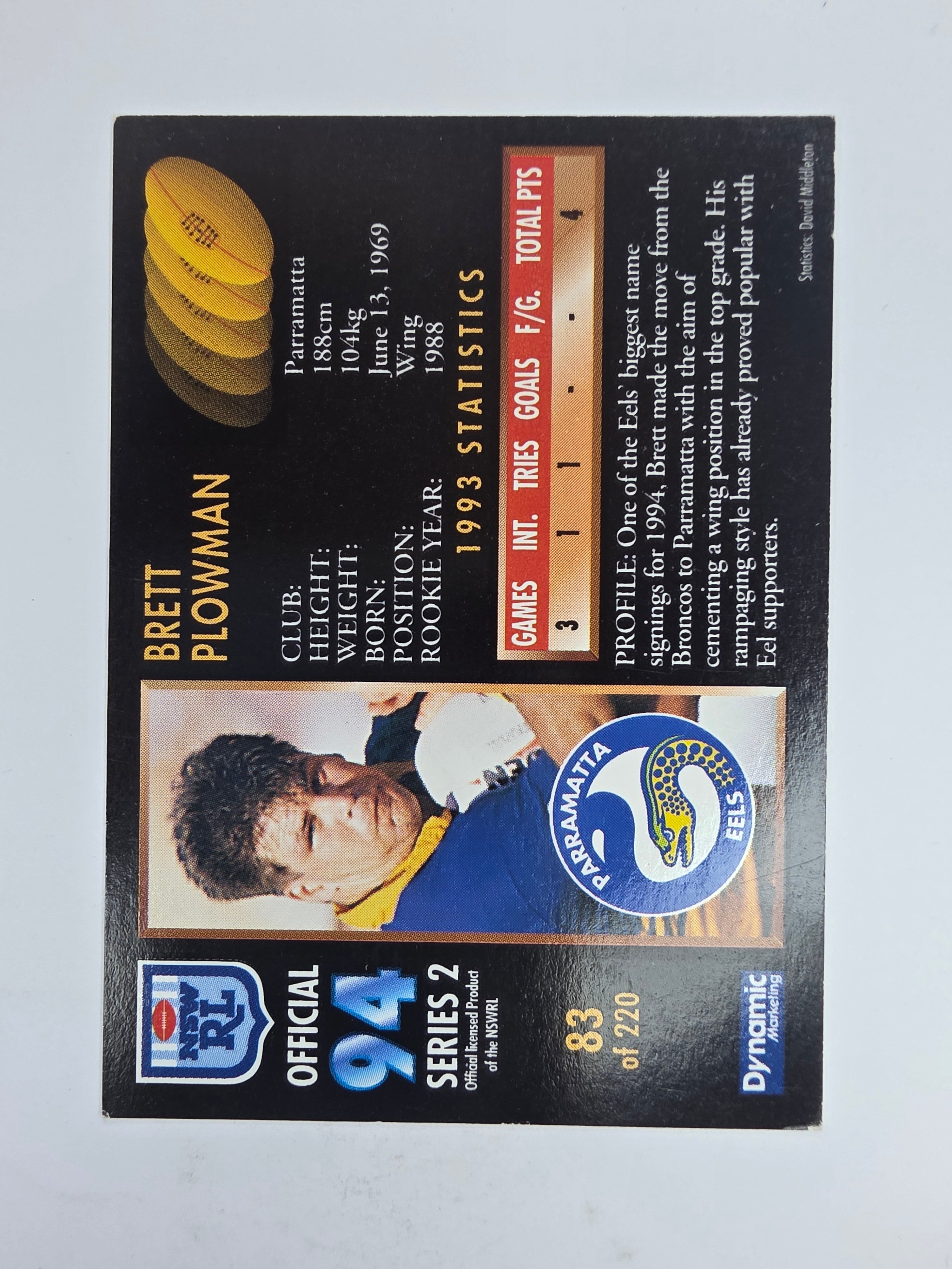 1994 Dynamic Series 2 Base Card #83 Brett Plowman Parramatta Eels