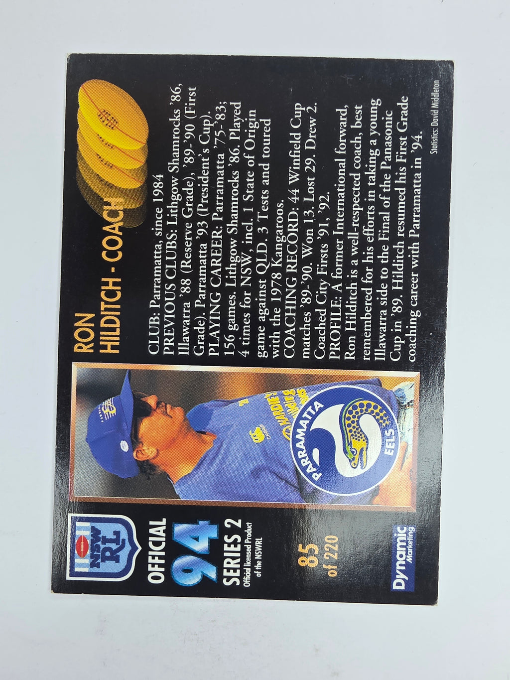 1994 Dynamic Series 2 Base Card #85 Ron Hilditch Parramatta Eels