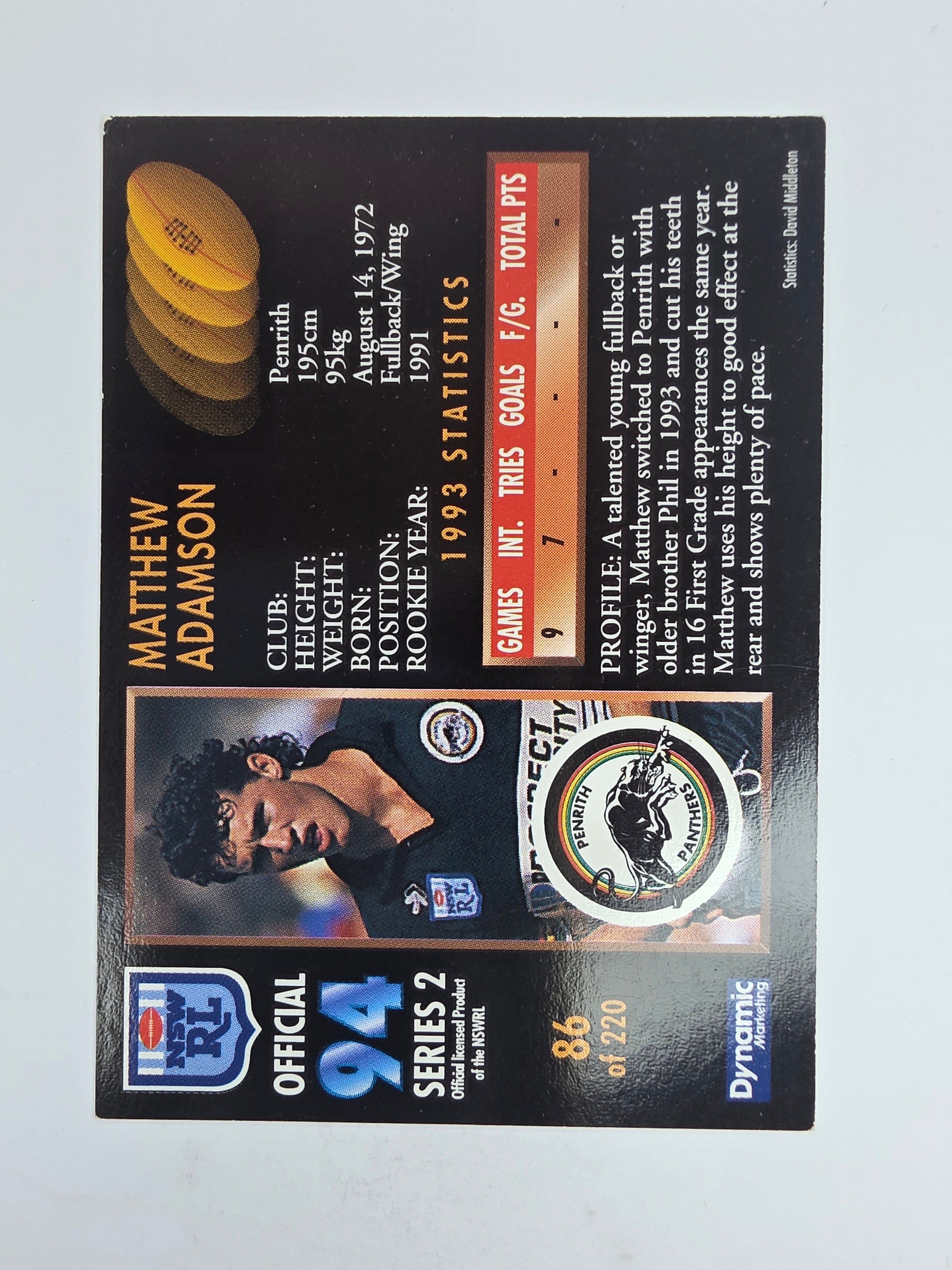 1994 Dynamic Series 2 Base Card #86 Matthew Adamson Penrith Panthers