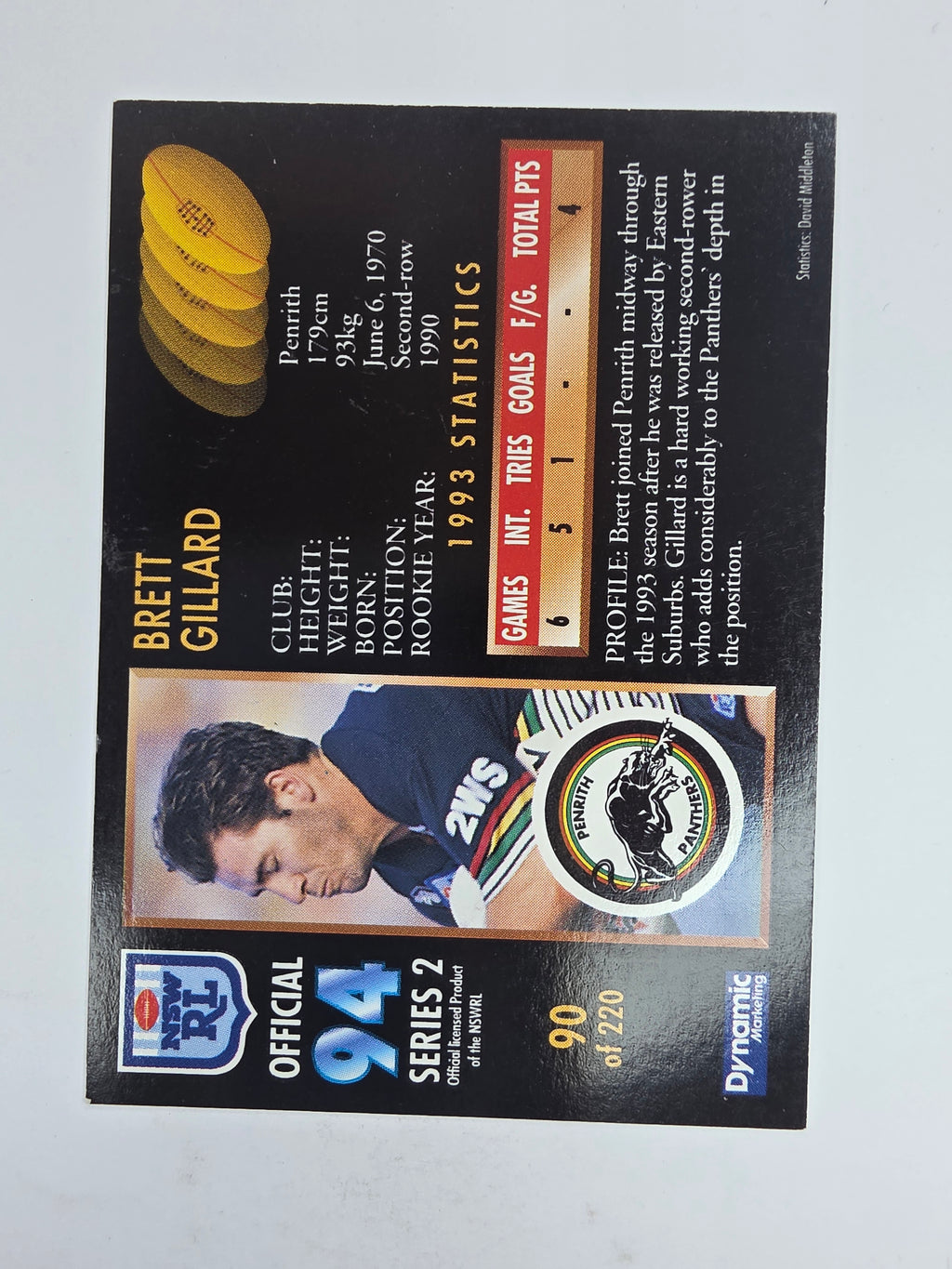 1994 Dynamic Series 2 Base Card #90 Brett Gillard Penrith Panthers