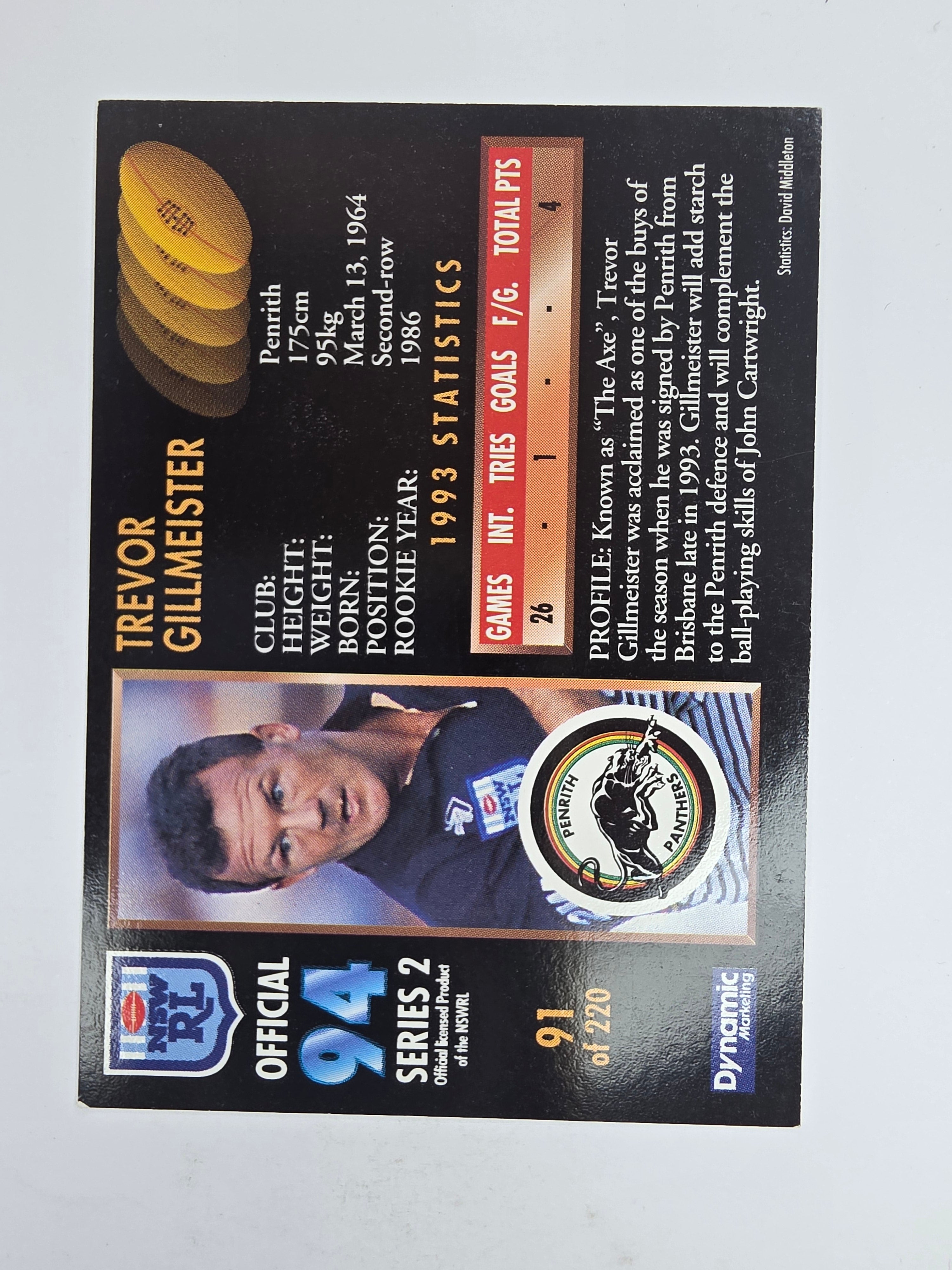 1994 Dynamic Series 2 Base Card #91 Trevor Gillmeister Penrith Panthers