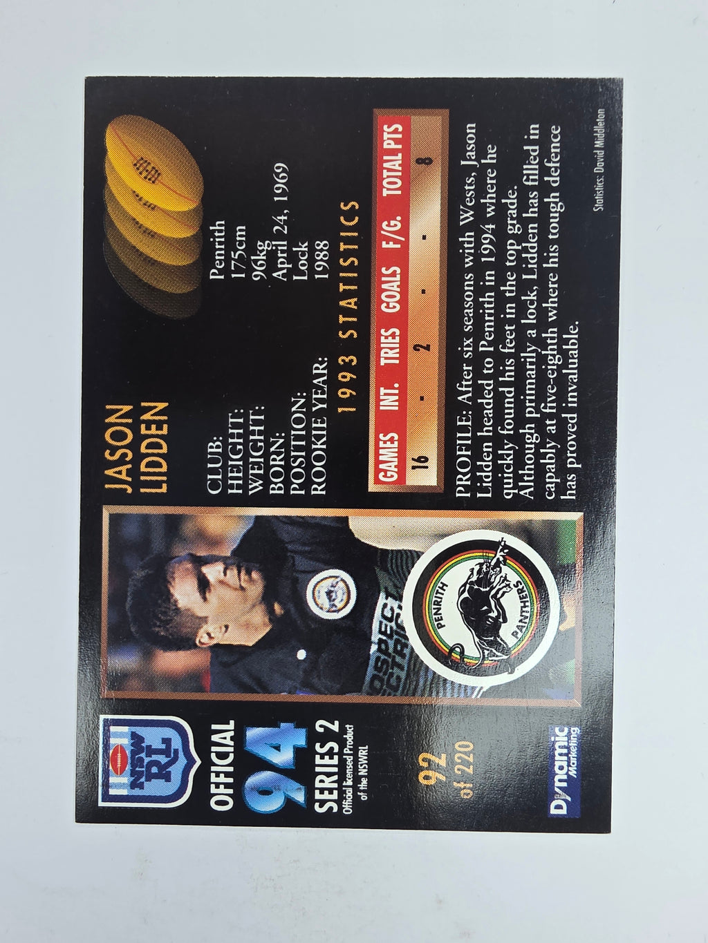 1994 Dynamic Series 2 Base Card #92 Jason Lidden Penrith Panthers