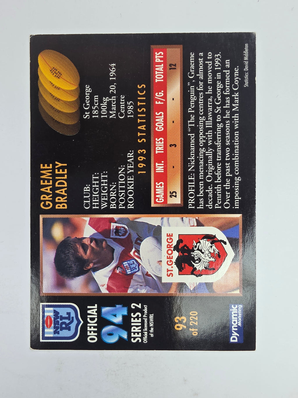 1994 Dynamic Series 2 Base Card #93 Graham Bradley St George Dragons