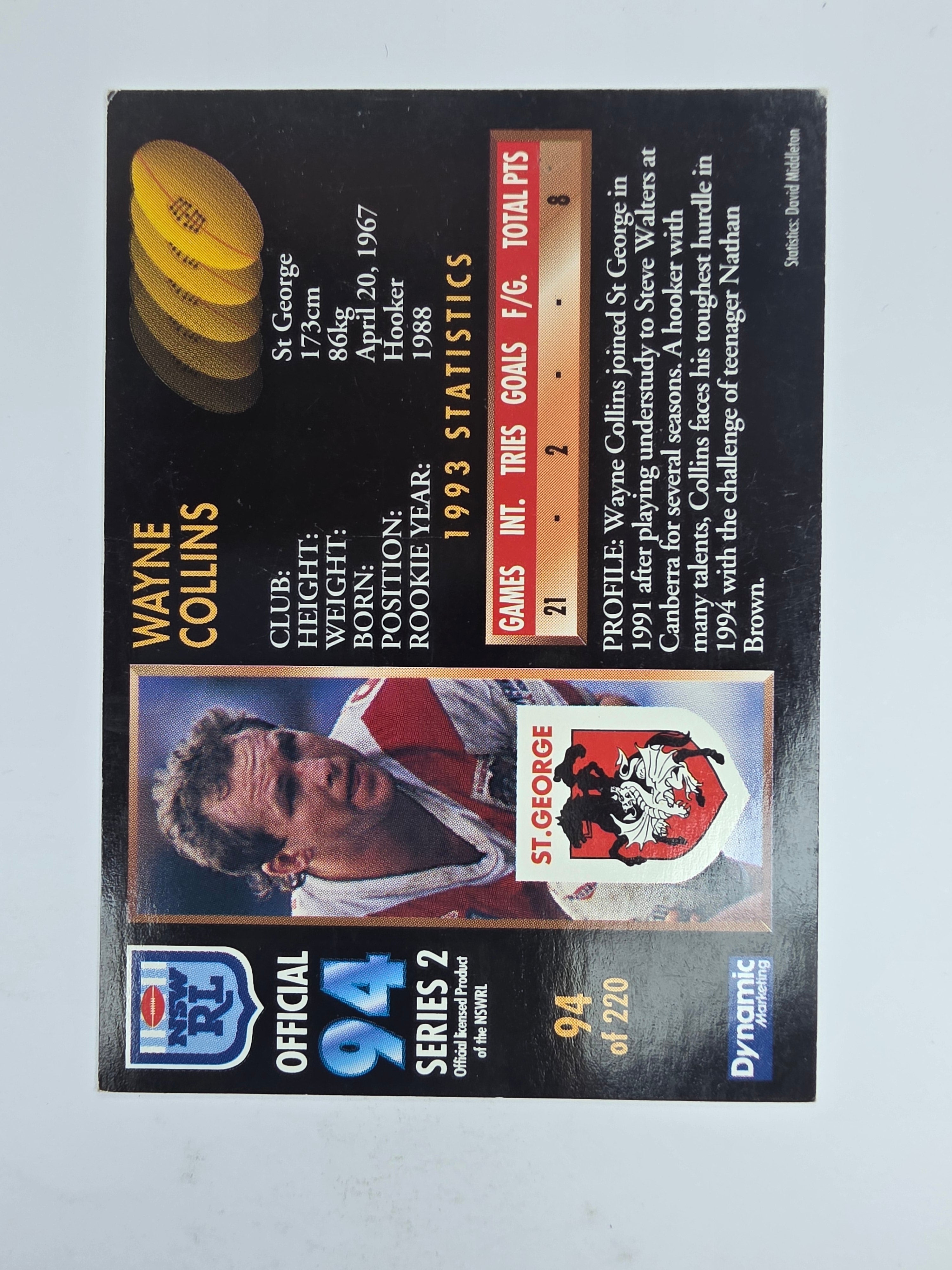 1994 Dynamic Series 2 Base Card #94 Wayne Collins St George Dragons