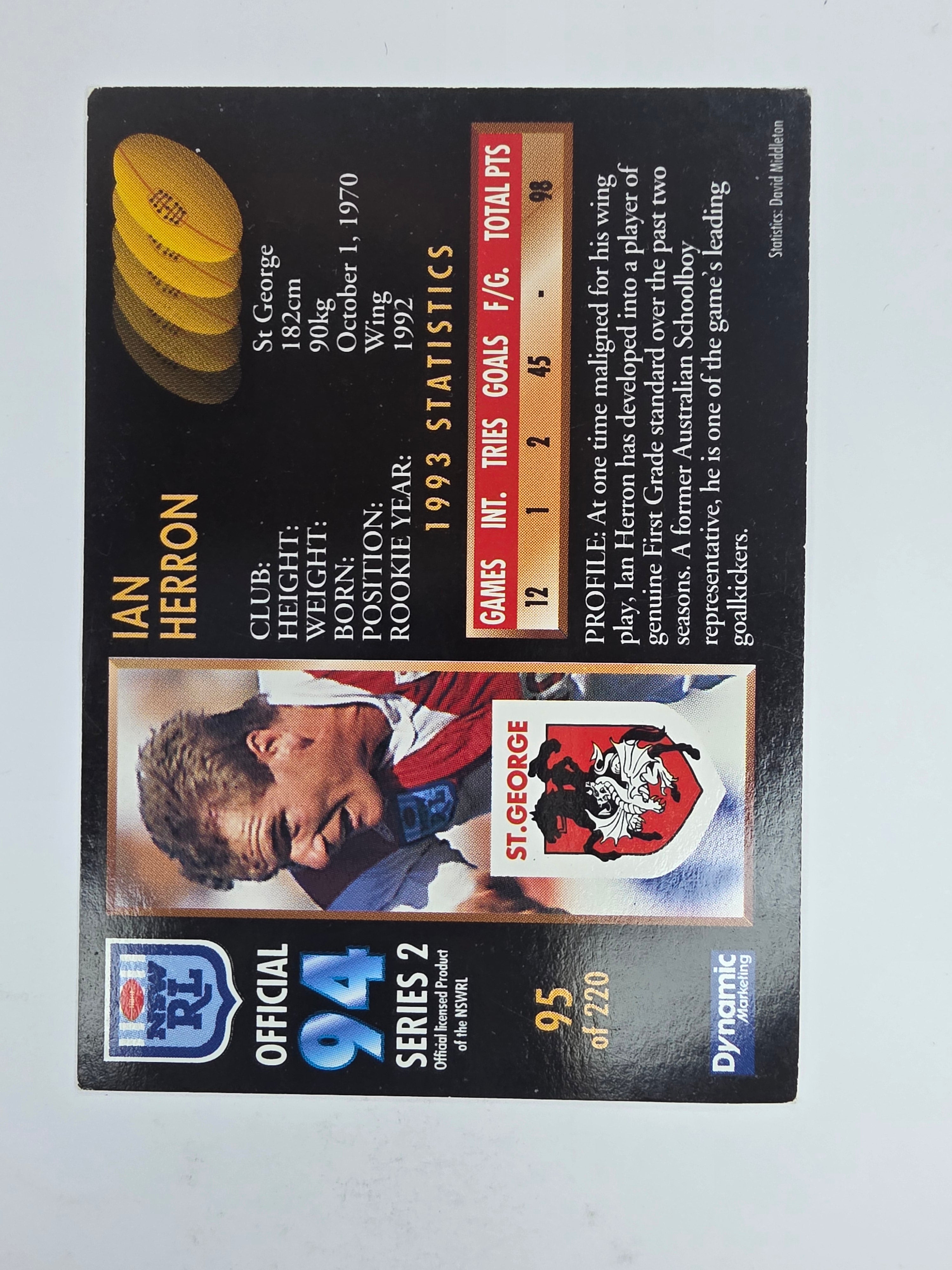 1994 Dynamic Series 2 Base Card #95 Ian Herron St George Dragons