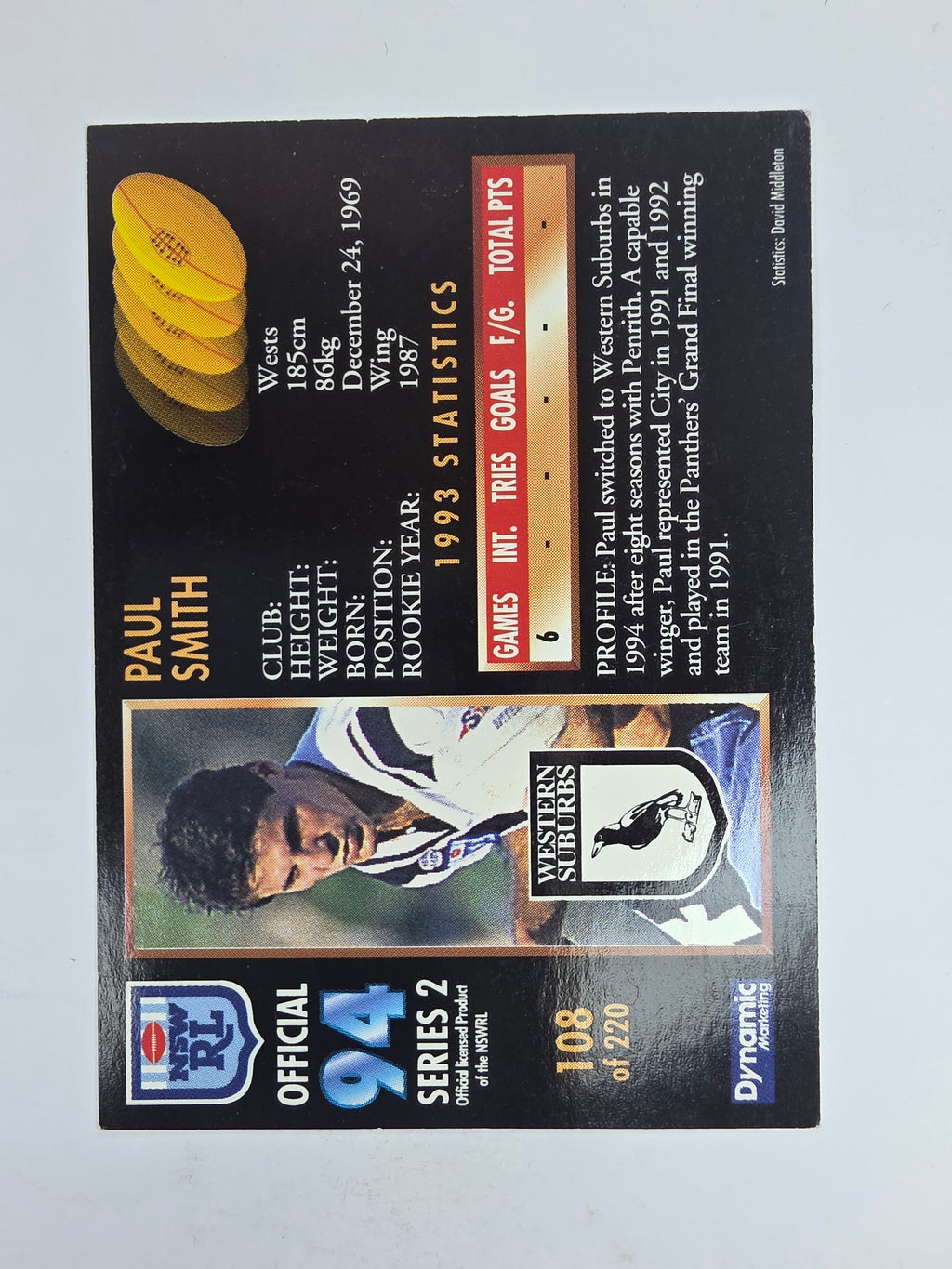 1994 Dynamic Series 2 Base Card #108 Paul Smith Western Suburbs Magpies