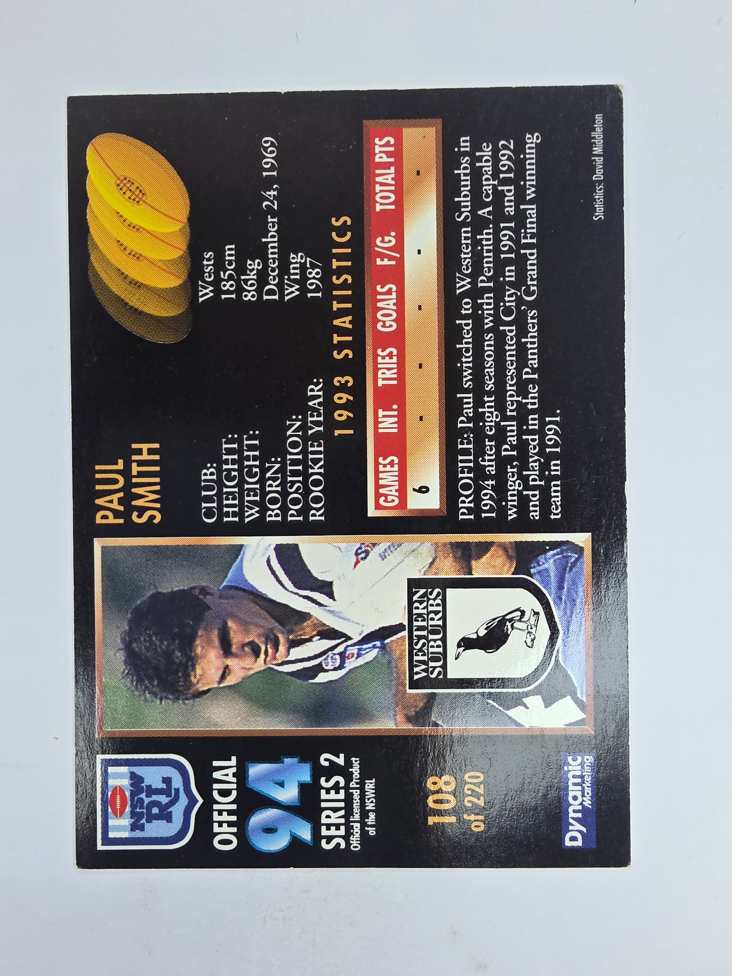 1994 Dynamic Series 2 Base Card #108 Paul Smith Western Suburbs Magpies