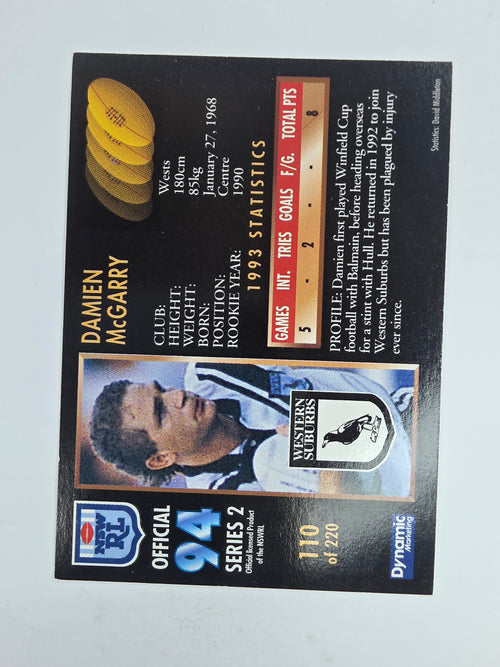 1994 Dynamic Series 2 Base Card #110 Damien McGrady Western Suburbs Magpies