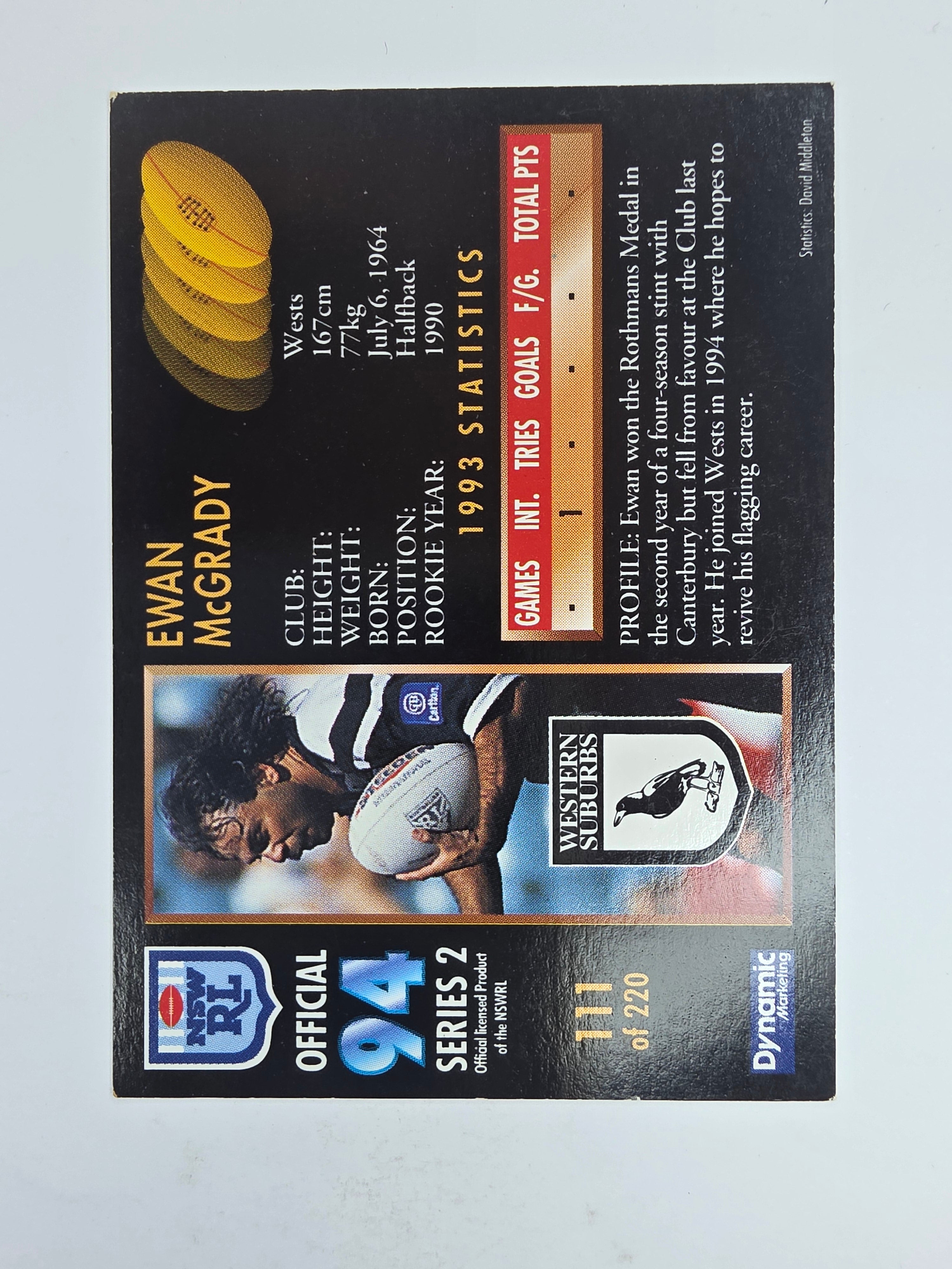 1994 Dynamic Series 2 Base Card #111 Ewen McGrady Western Suburbs Magpies