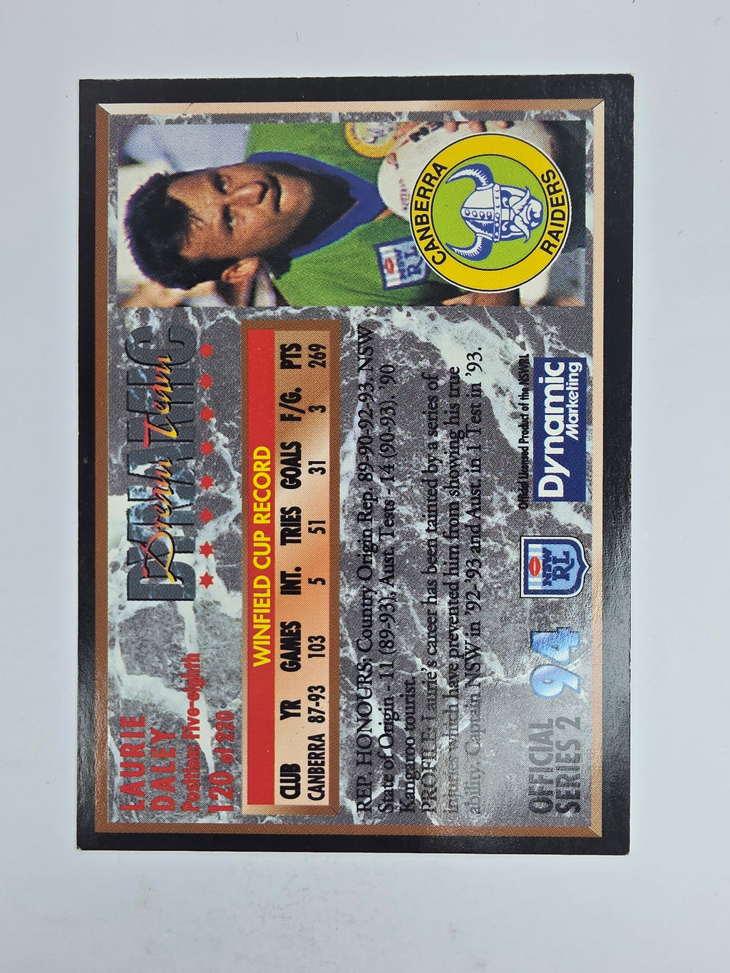 1994 Dynamic Series 2 Base Card #120 Laurie Daley Canberra Raiders