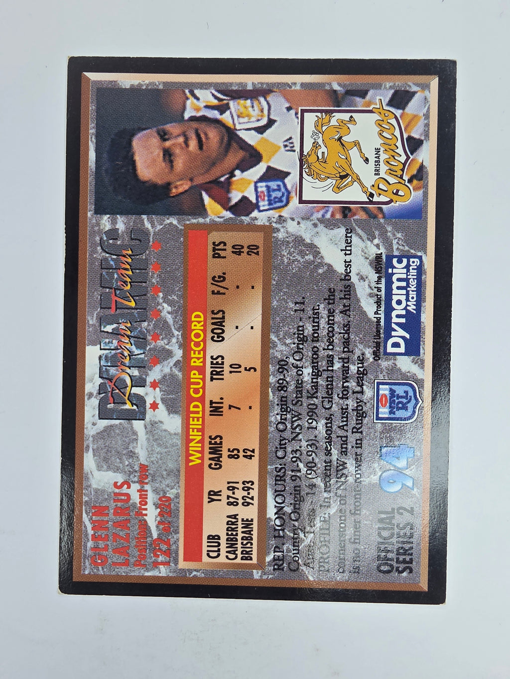 1994 Dynamic Series 2 Base Card #122 Glenn Lazarus Brisbane Broncos