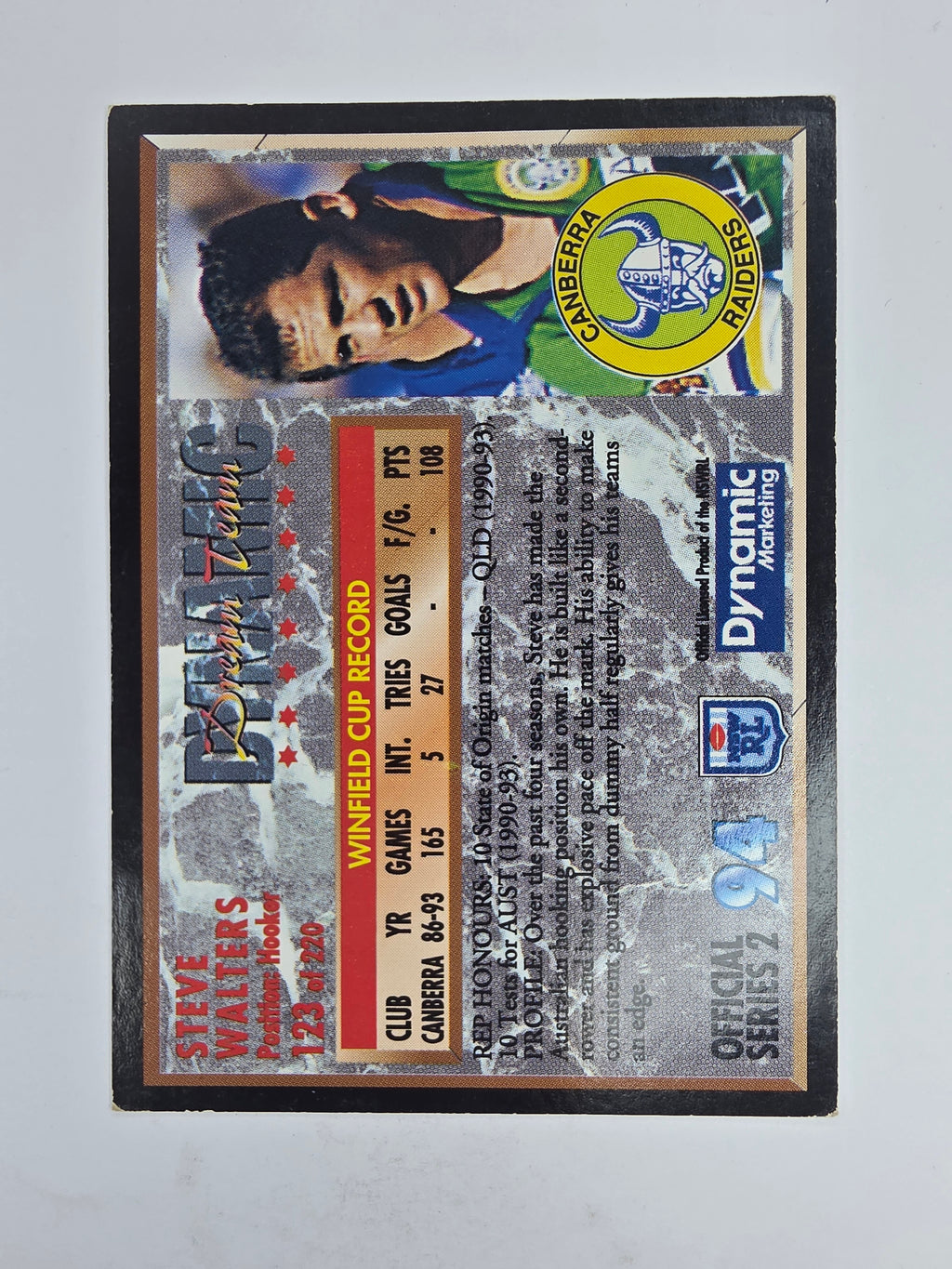 1994 Dynamic Series 2 Base Card #123 Steve Walters Canberra Raiders