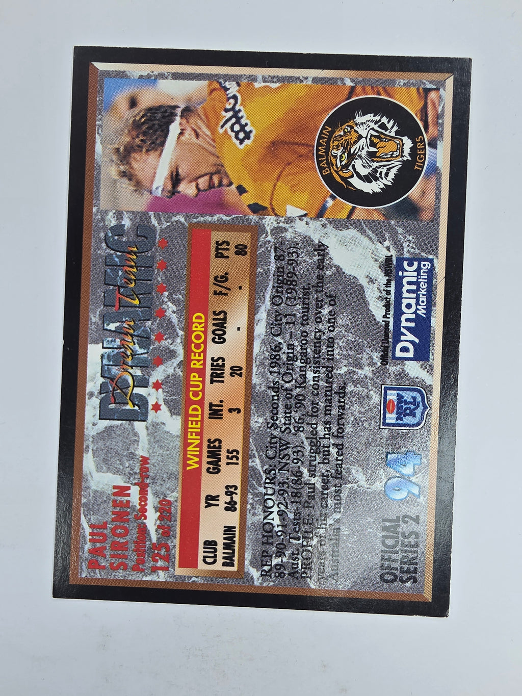 1994 Dynamic Series 2 Base Card #125 Paul Sironen Balmain Tigers