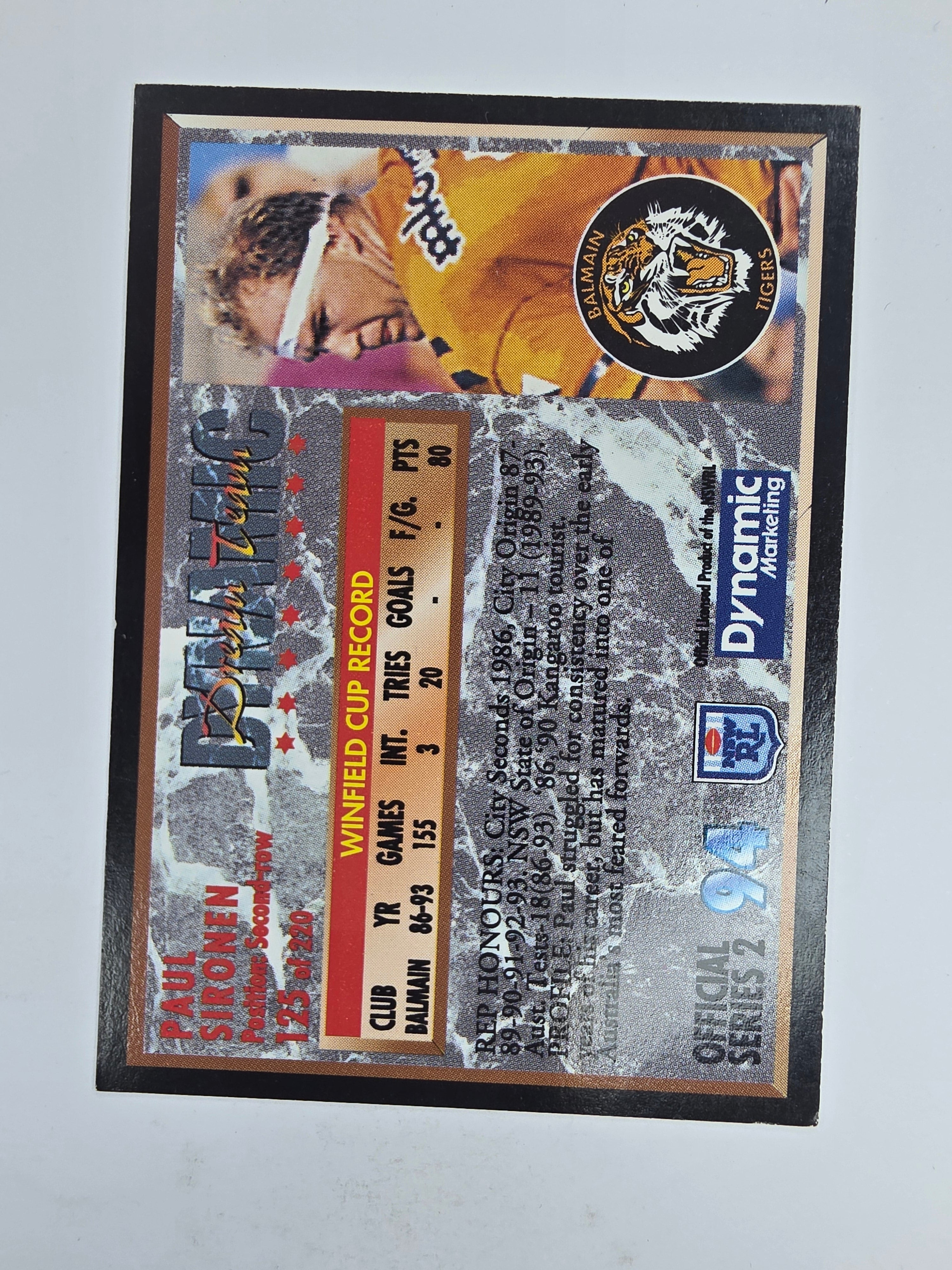 1994 Dynamic Series 2 Base Card #125 Paul Sironen Balmain Tigers