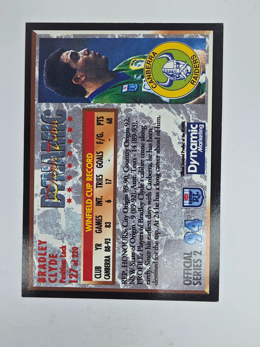 1994 Dynamic Series 2 Base Card #127 Brad Clyde Canberra Raiders
