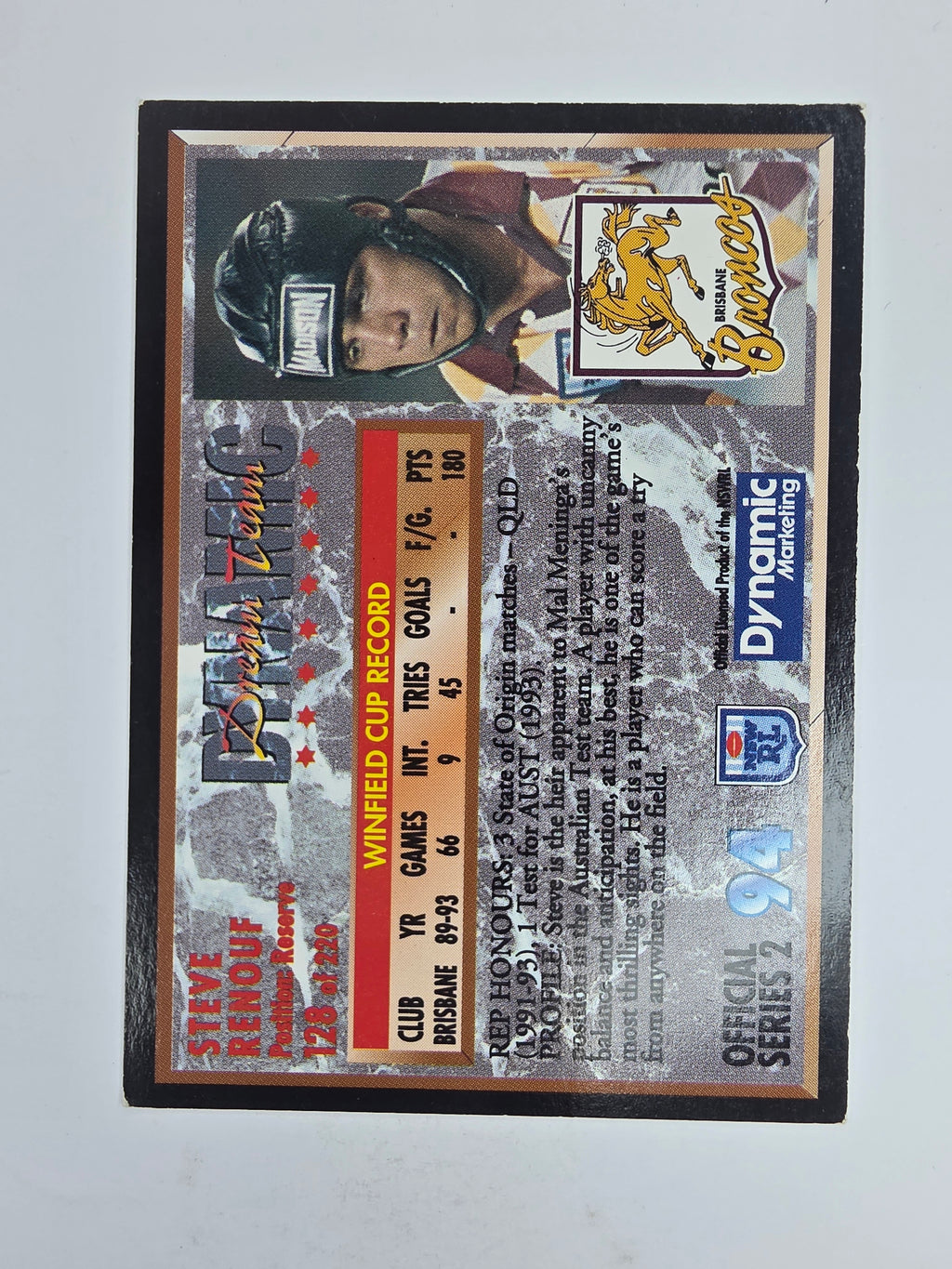1994 Dynamic Series 2 Base Card #128 Steve Renouf Brisbane Broncos