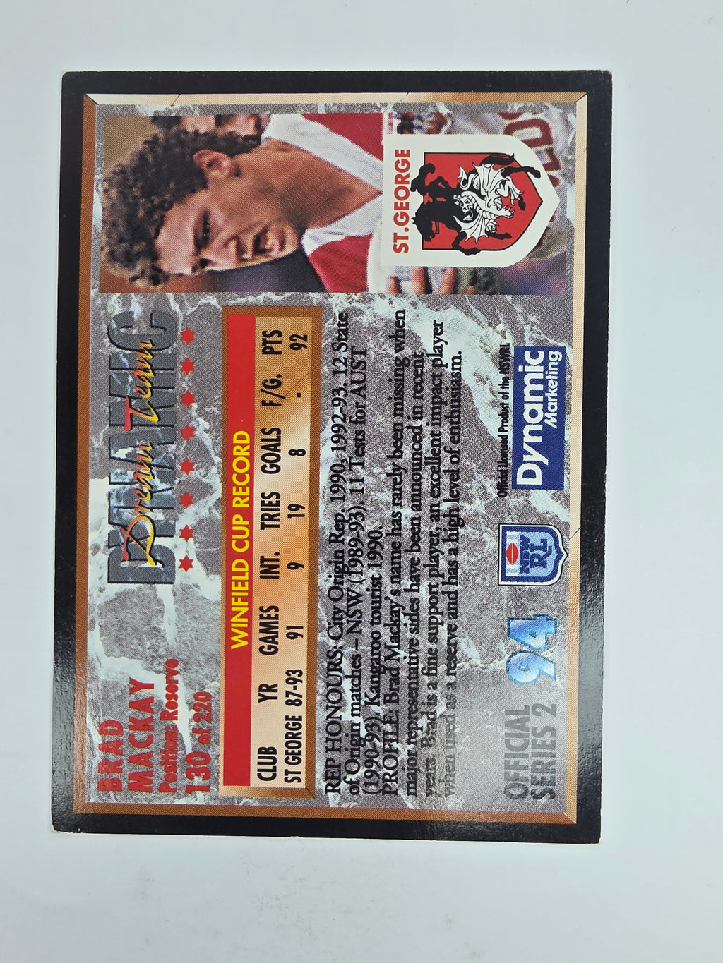 1994 Dynamic Series 2 Base Card #130 Brad Mackay St George Dragons