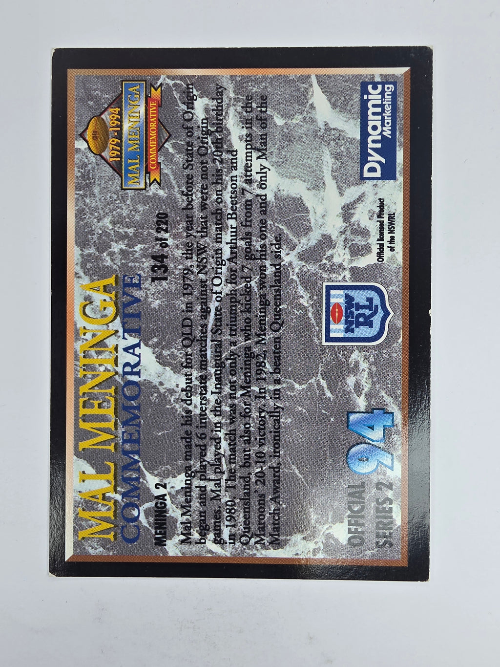 1994 Dynamic Series 2 Base Card #134 Mal Meninga Queensland Maroons