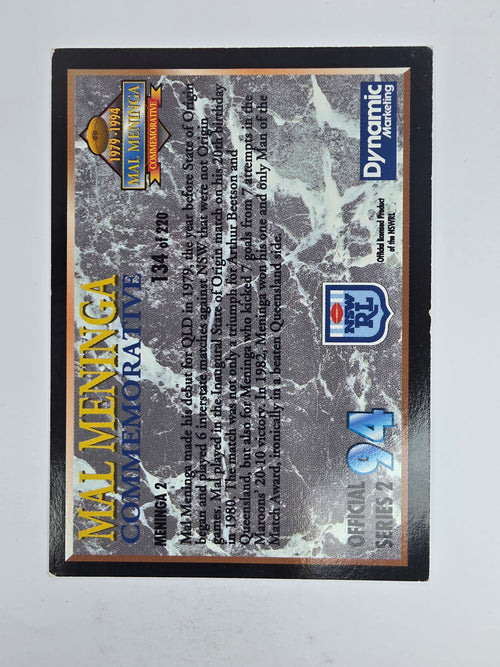 1994 Dynamic Series 2 Base Card #134 Mal Meninga Queensland Maroons
