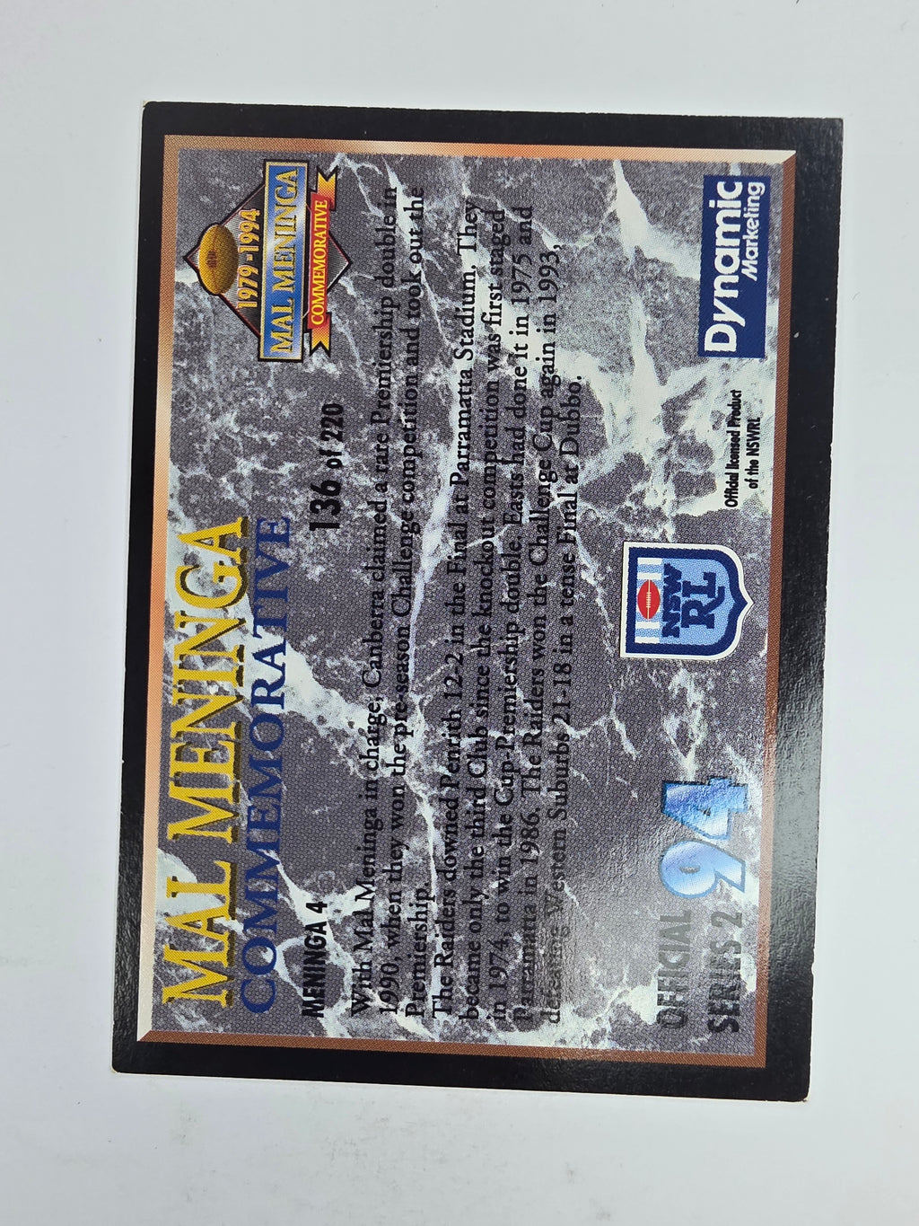 1994 Dynamic Series 2 Base Card #136 Mal Meninga Canberra Raiders