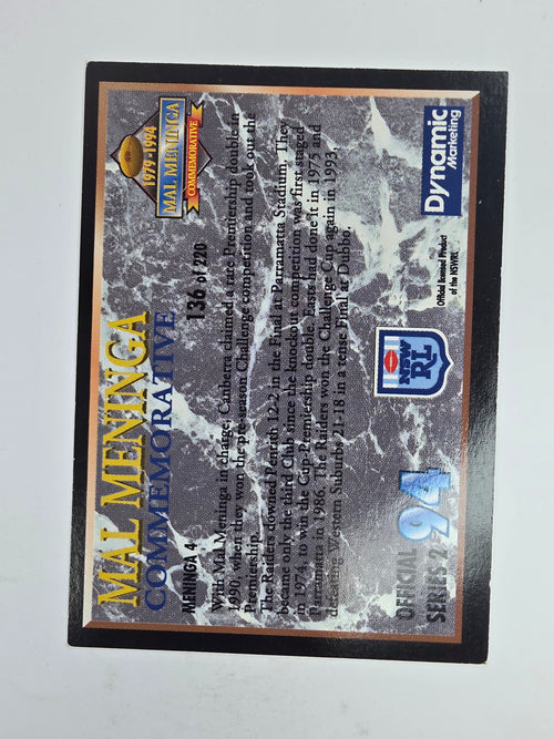1994 Dynamic Series 2 Base Card #136 Mal Meninga Canberra Raiders