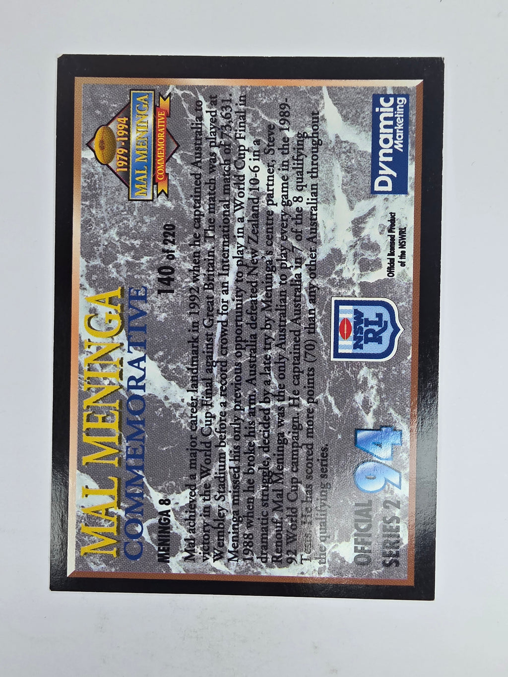 1994 Dynamic Series 2 Base Card #140 Mal Meninga Australian Kangaroos
