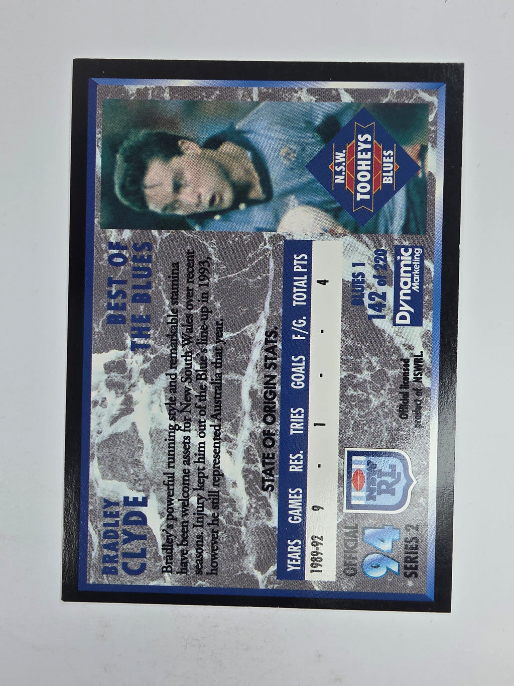 1994 Dynamic Series 2 Base Card #142 Brad Clyde NSW Blues