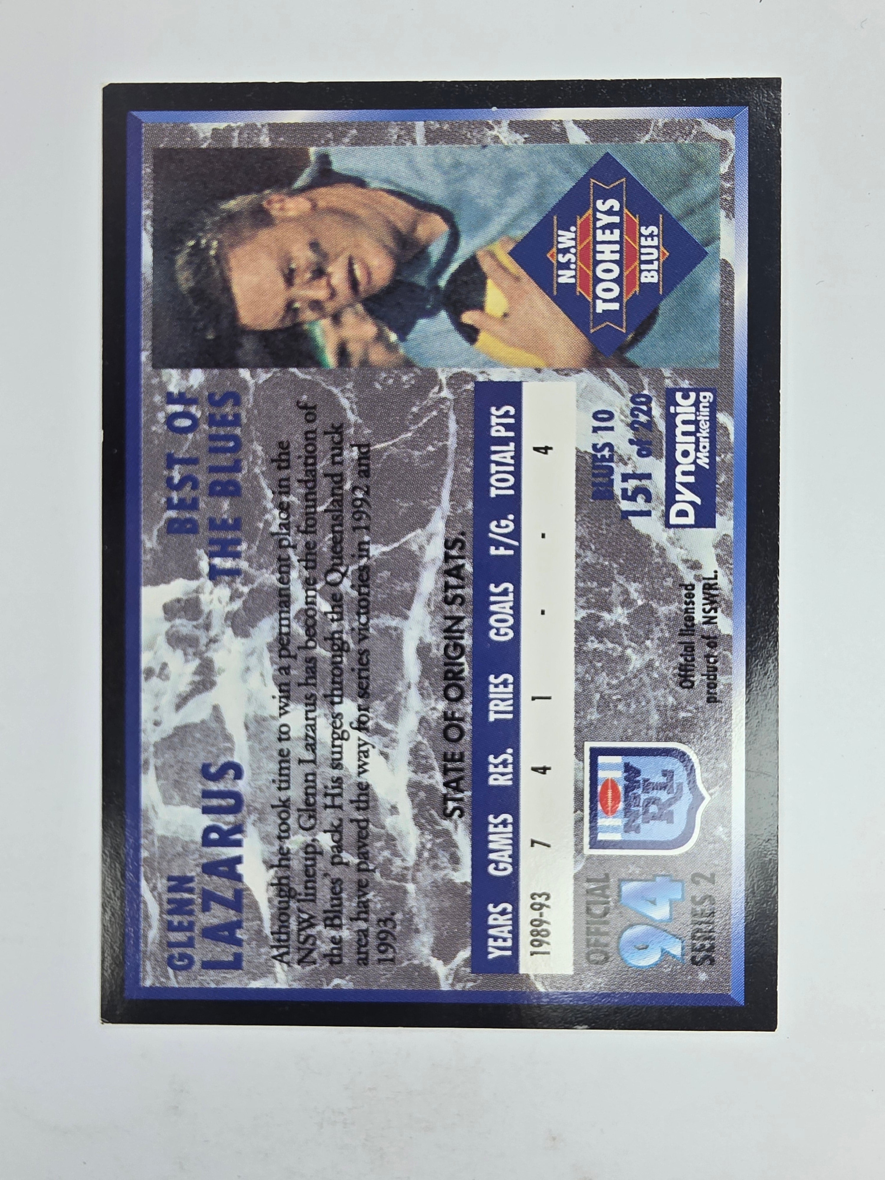 1994 Dynamic Series 2 Base Card #151 Glenn Lazarus NSW Blues