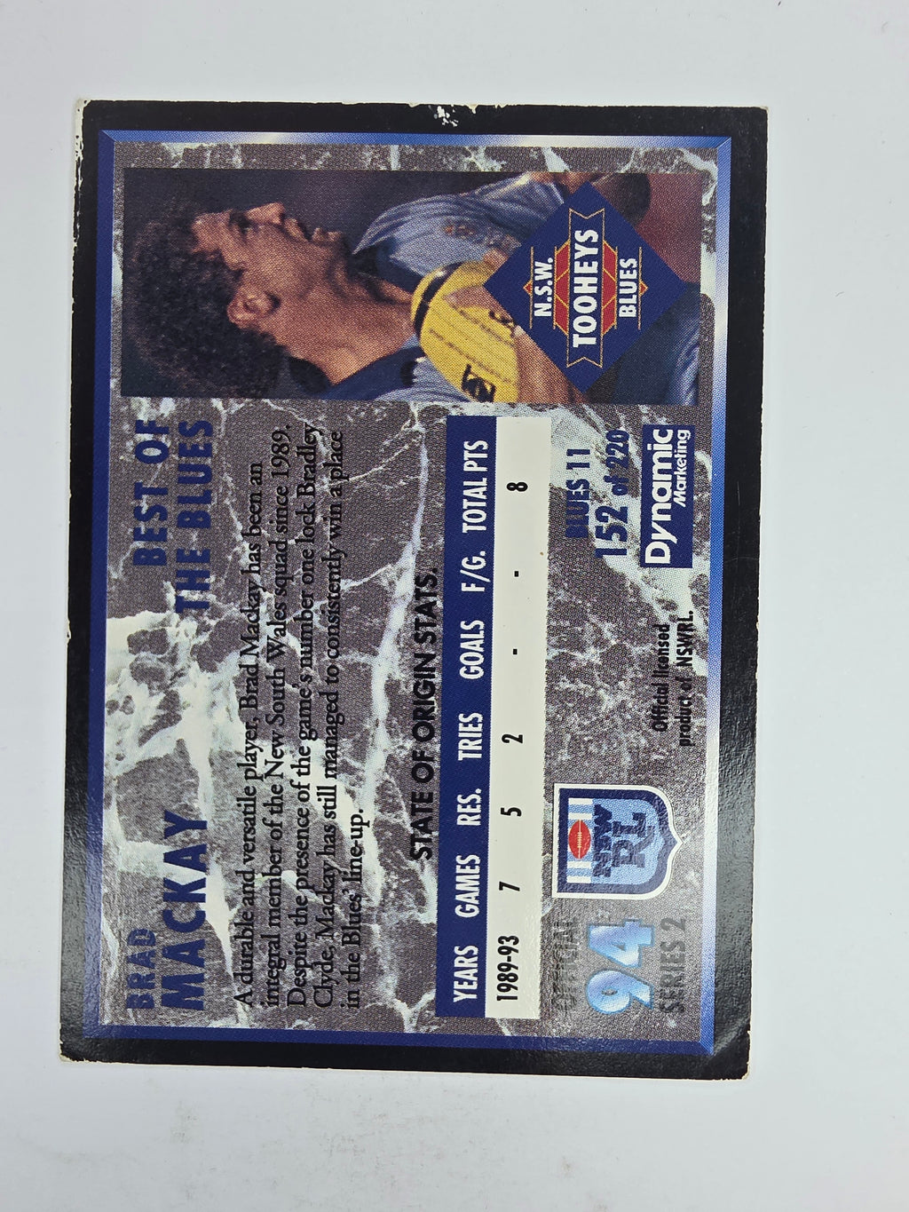 1994 Dynamic Series 2 Base Card #152 Brad Mackay NSW Blues