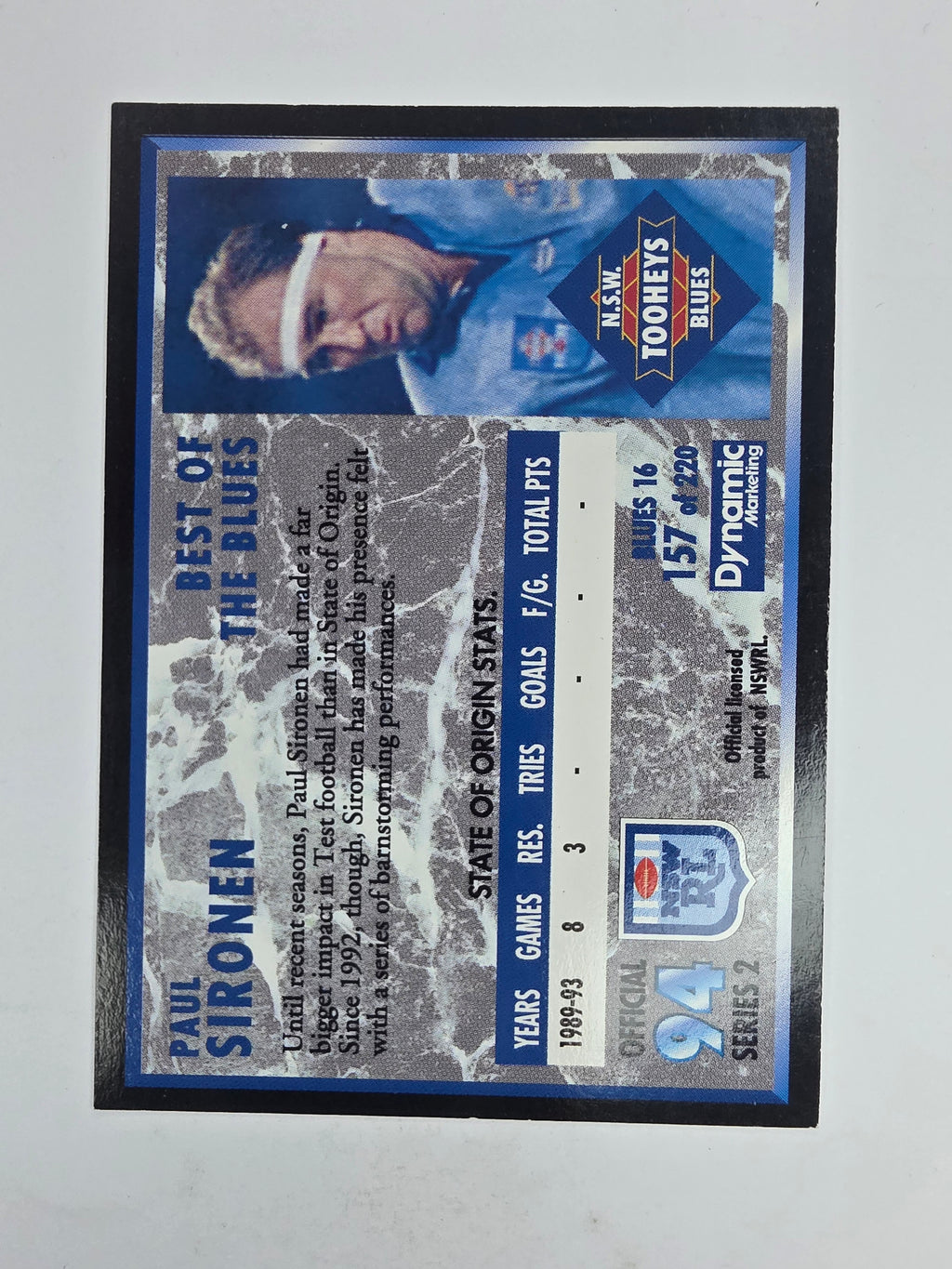 1994 Dynamic Series 2 Base Card #157 Paul Sironen NSW Blues