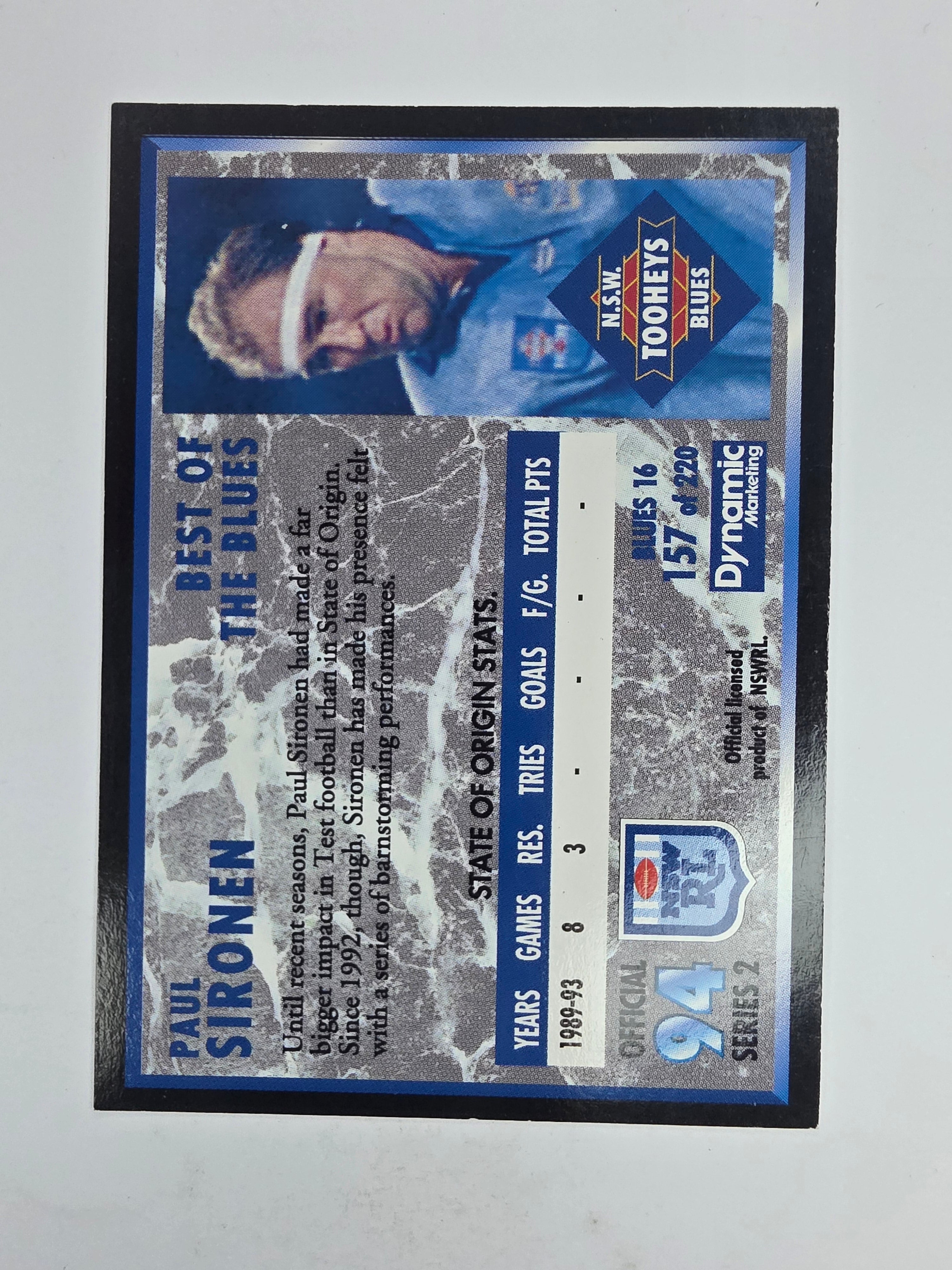 1994 Dynamic Series 2 Base Card #157 Paul Sironen NSW Blues