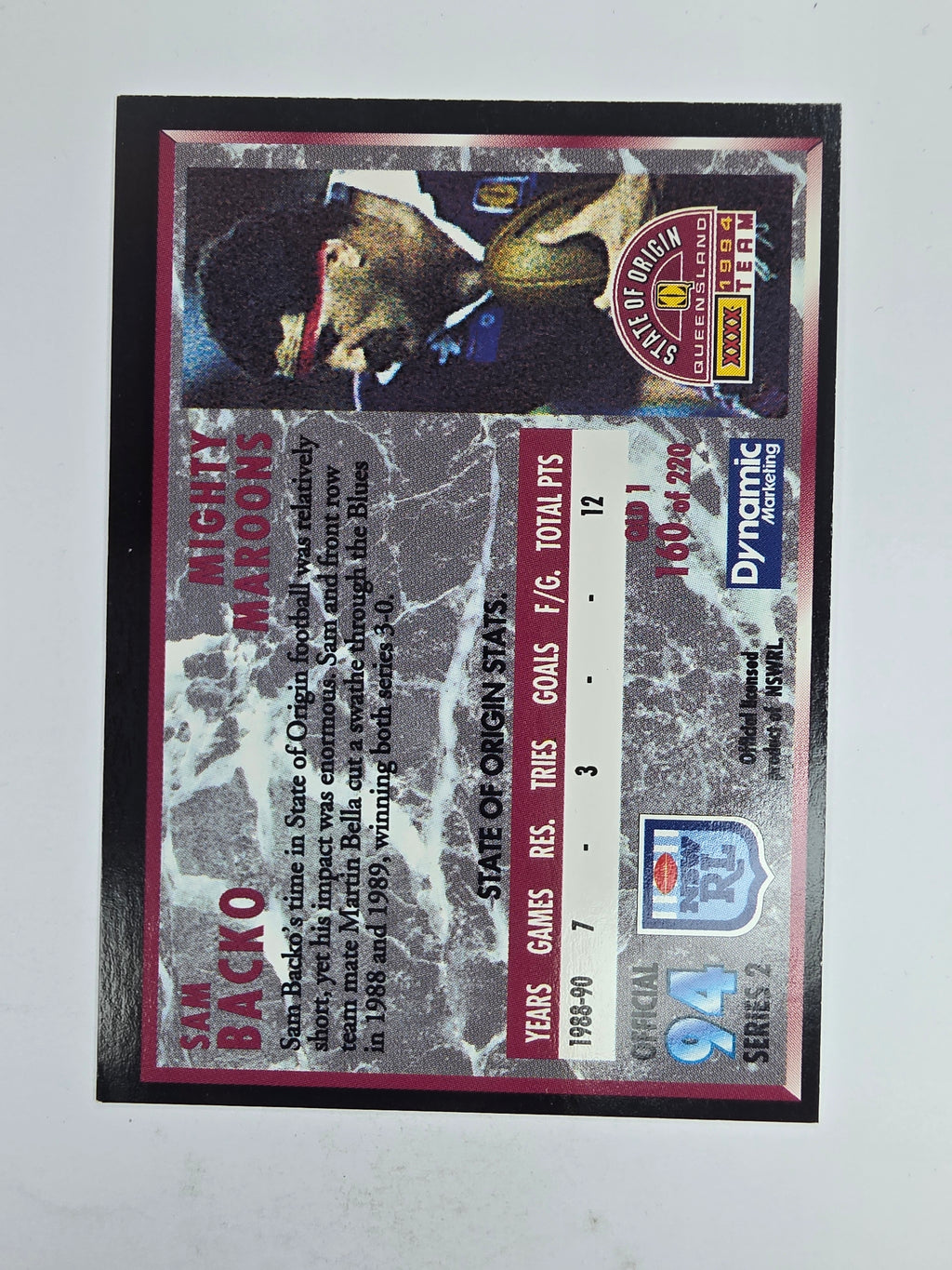 1994 Dynamic Series 2 Base Card #160 Sam Backo Queensland Maroons