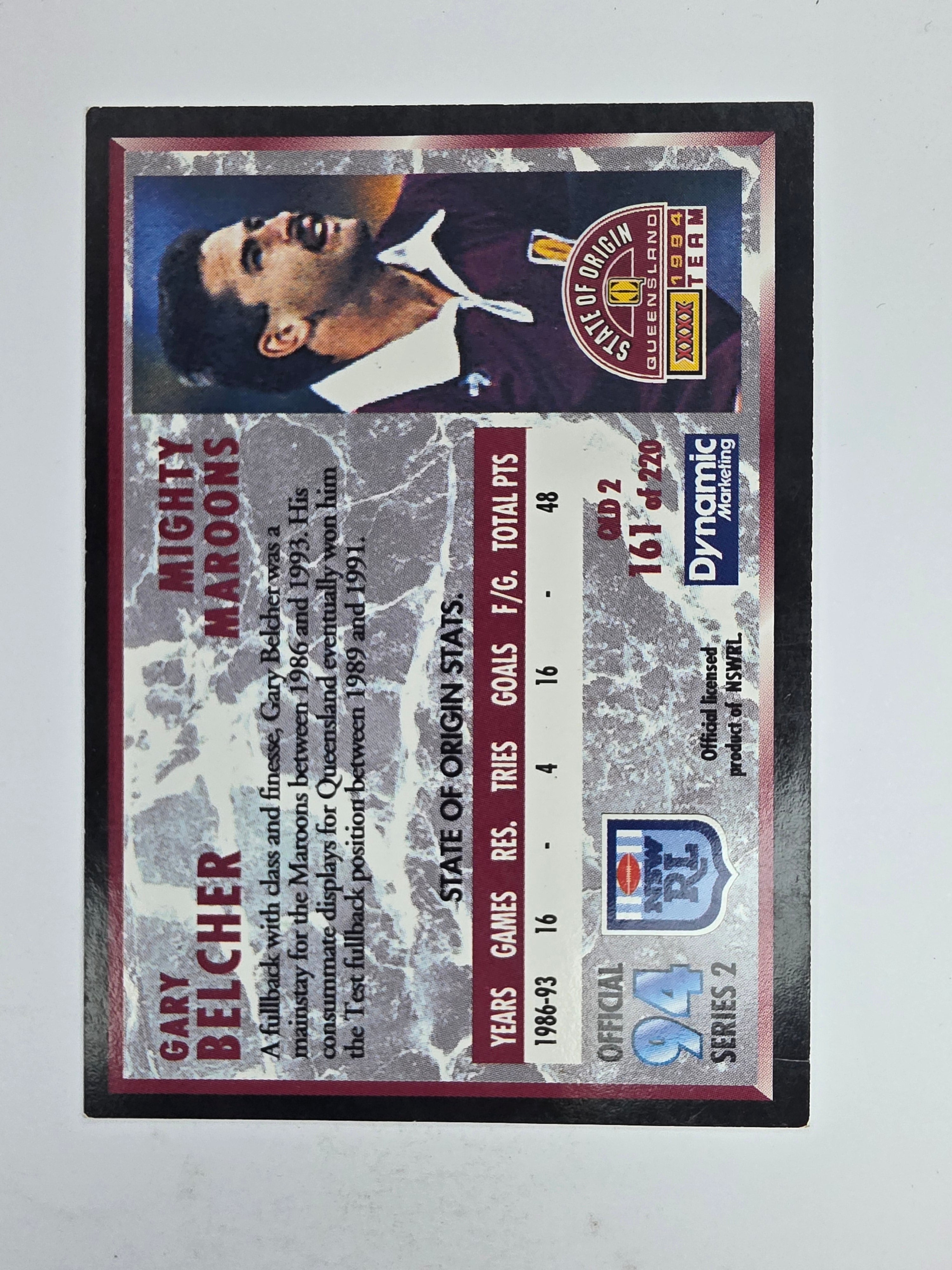 1994 Dynamic Series 2 Base Card #161 Gary Belcher Queensland Maroons