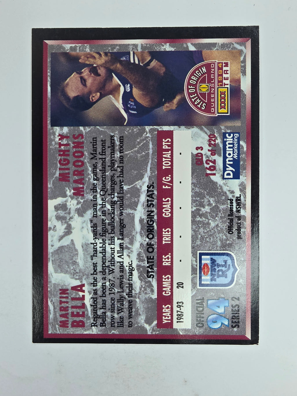1994 Dynamic Series 2 Base Card #162 Martin Bella Queensland Maroons