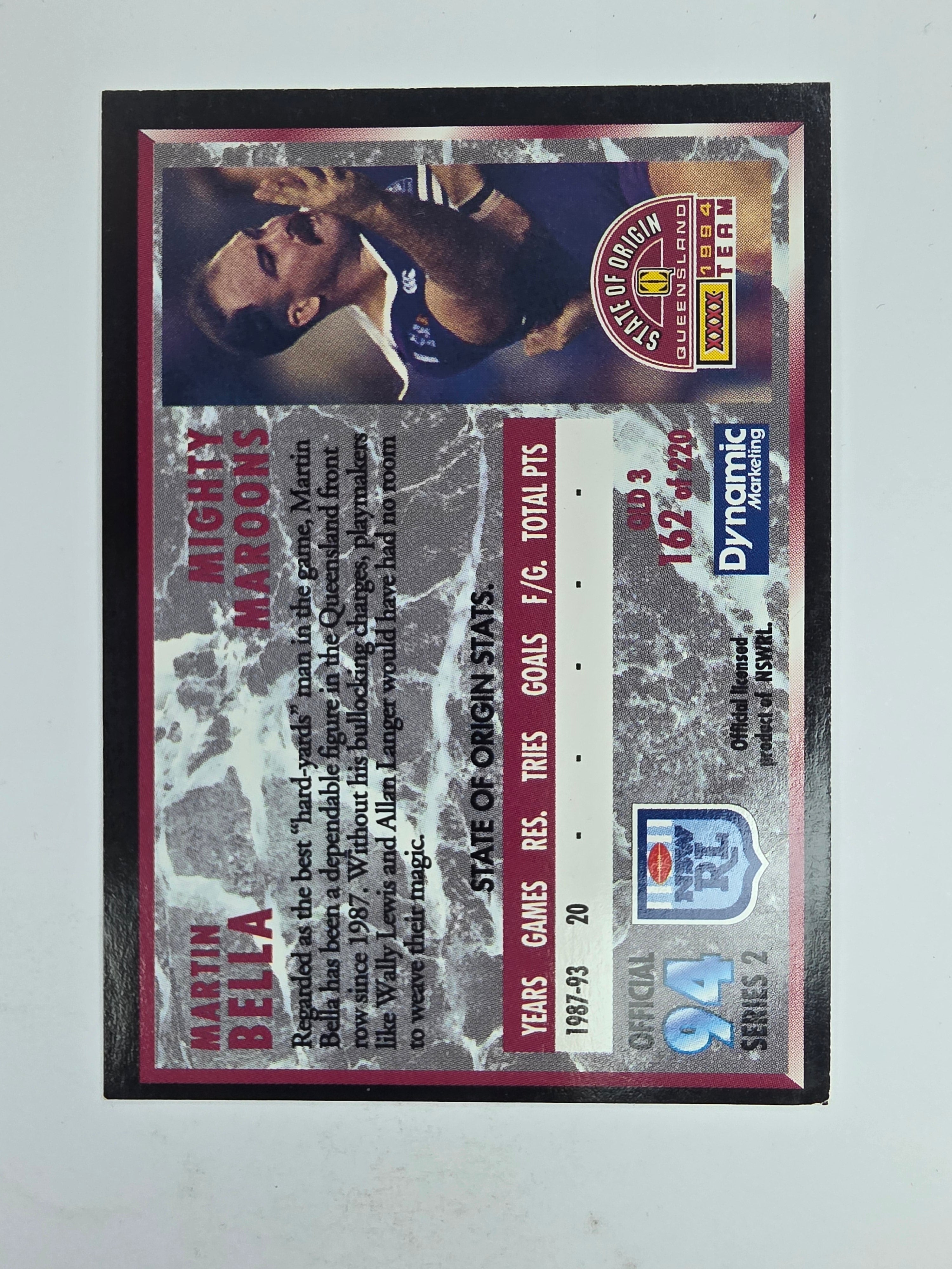 1994 Dynamic Series 2 Base Card #162 Martin Bella Queensland Maroons