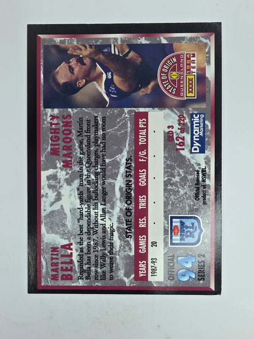 1994 Dynamic Series 2 Base Card #162 Martin Bella Queensland Maroons