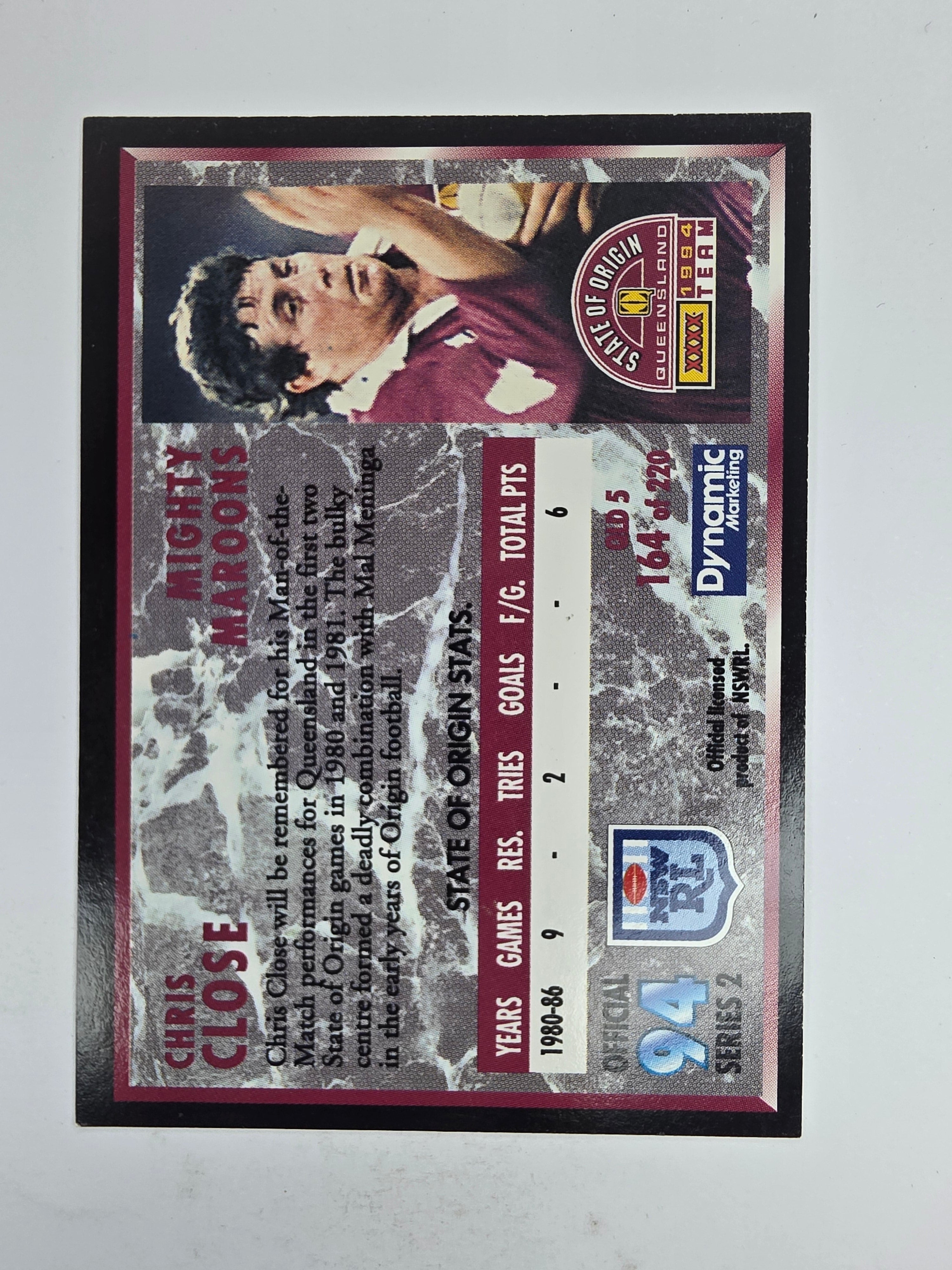 1994 Dynamic Series 2 Base Card #164 Chris Close Queensland Maroons
