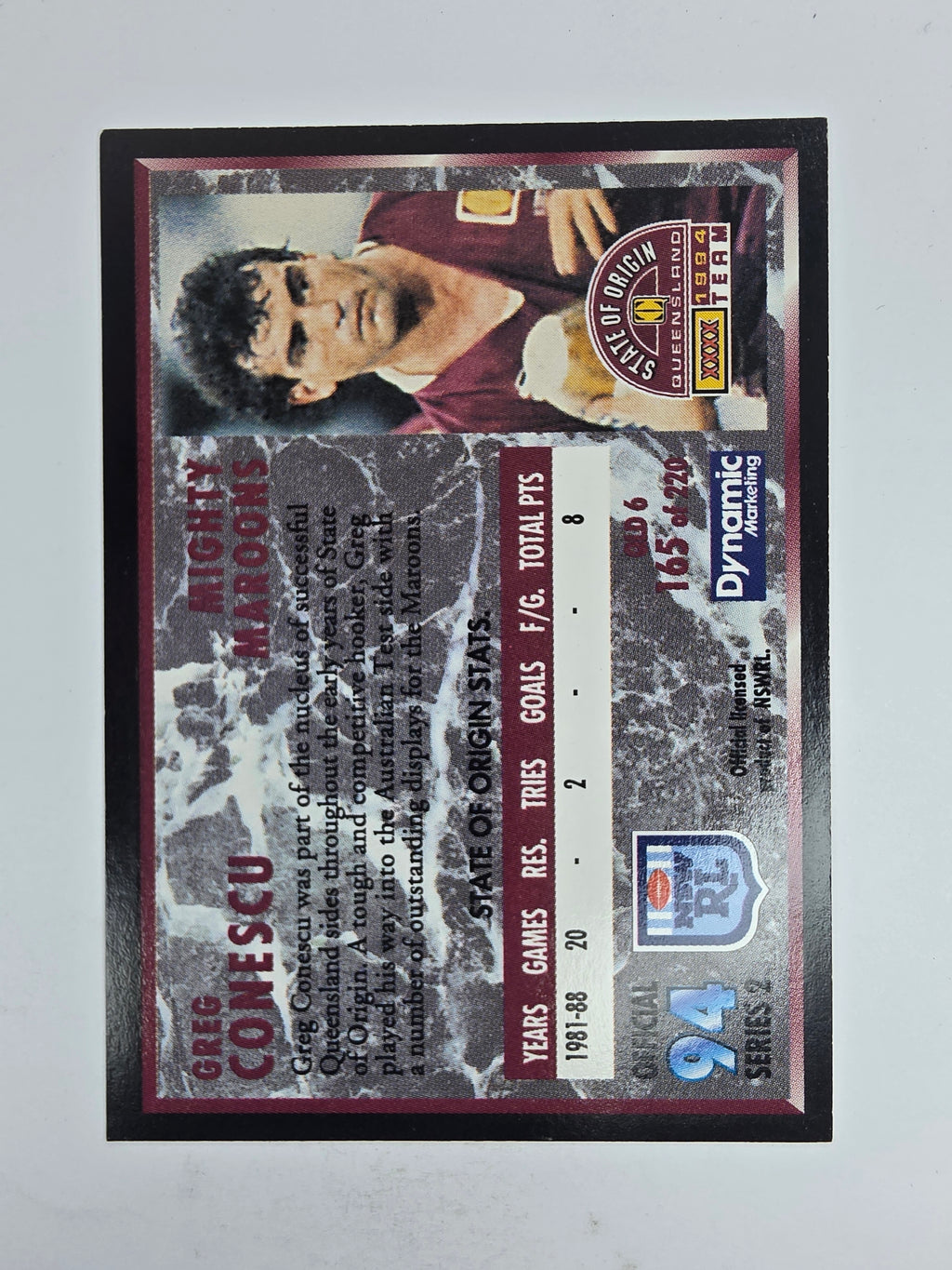 1994 Dynamic Series 2 Base Card #165 Greg Conescu Queensland Maroons